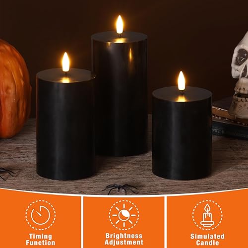 Miniatura 4 de Velas de pilar sin llama con parte superior plana negra con control remoto, cera real parpadeante, funciona con pilas, velas LED góticas  3 pulgadas