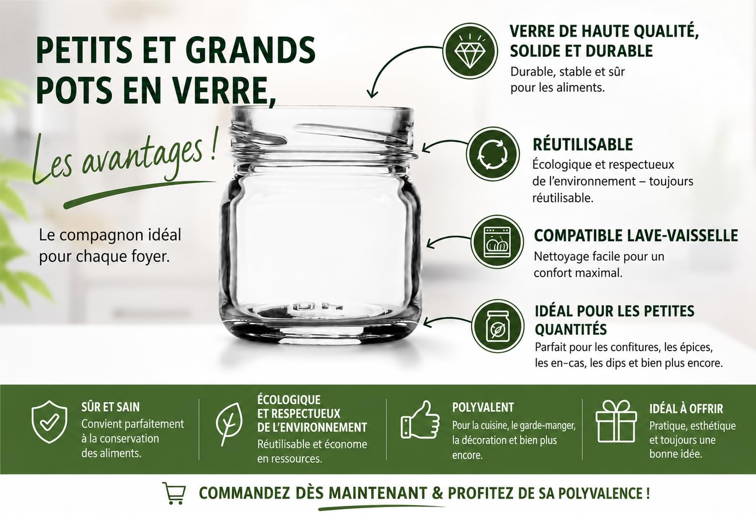 Made in Home - Lot de 100 Mini Pots en Verre de 40 ml à Épices avec Couvercle à Visser, Bocaux Ronds à Confiture et Miel (Couvercles Dorés)