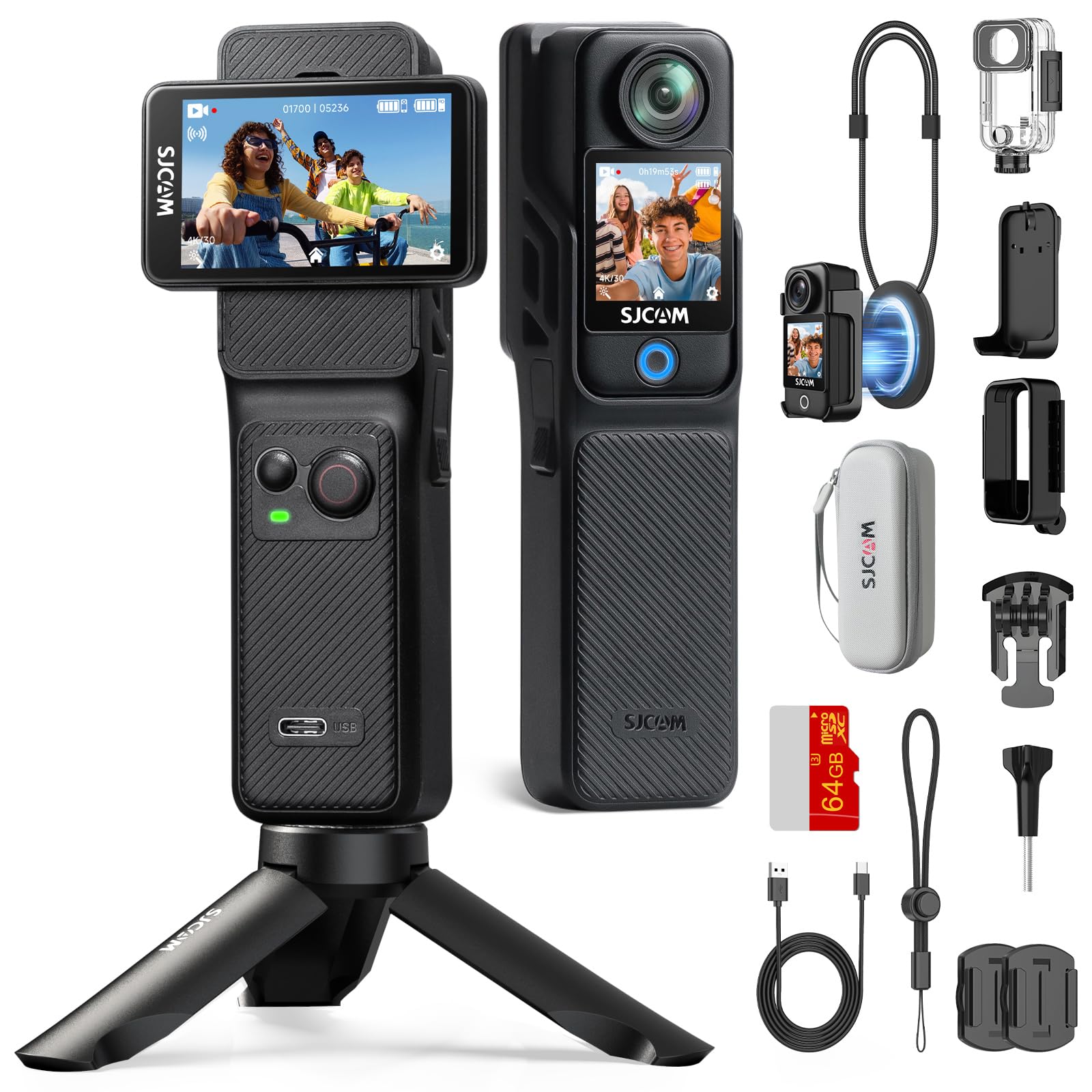 SJCAM C400 Vlog Camera, Action camera 4K Impermeabile, Stabilizzazione a 6 Assi, Autonomia di 437 Min, Touchscreen Ruotabile da 2.29", per Live, YouTube, Viaggi, Attività All'aperto, 64G