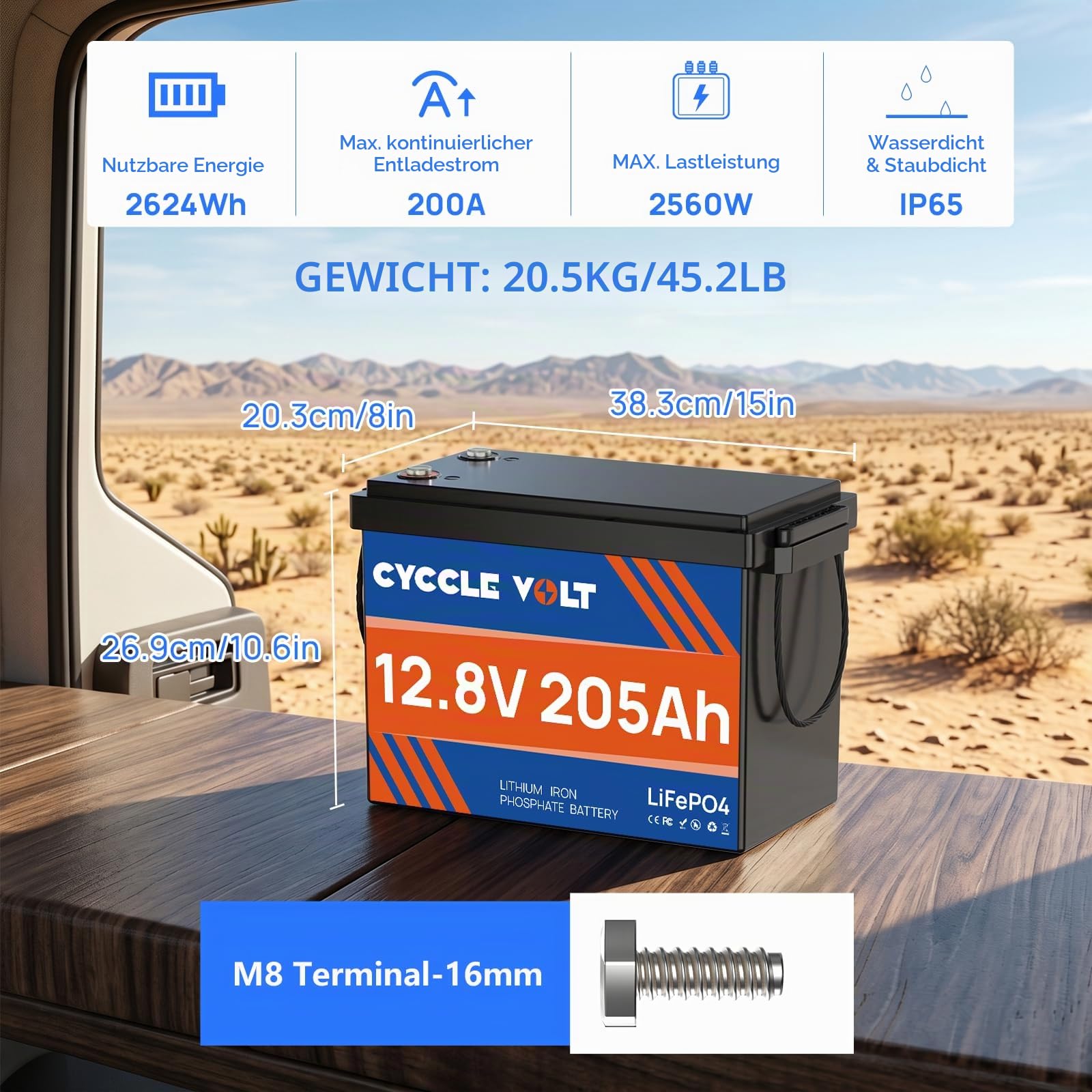 LiFePO4 Batterie 12V 200Ah(205Ah) mit 200A Bluetooth BMS, App-Steuerung, 8000+ Deep Cycle Batterie Perfekt für Wohnmobil, Trolling-Motor, Solaranlagen, Off Grid