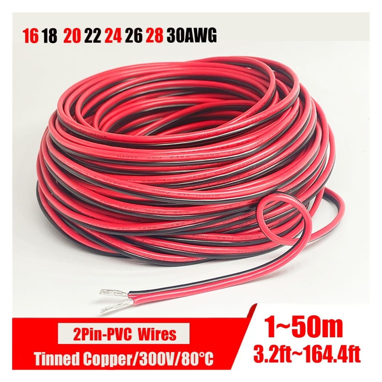 Xuro Cable de extensión de 2 pines rojo y negro de PVC o silicona, calibre 28 AWG, 26 AWG, 24 AWG, 22 AWG, 20 AWG, 18 AWG, 16 AWG, cobre estañado for uso doméstico.(2Pin silicone,10M-32.8FT_16 AWG)