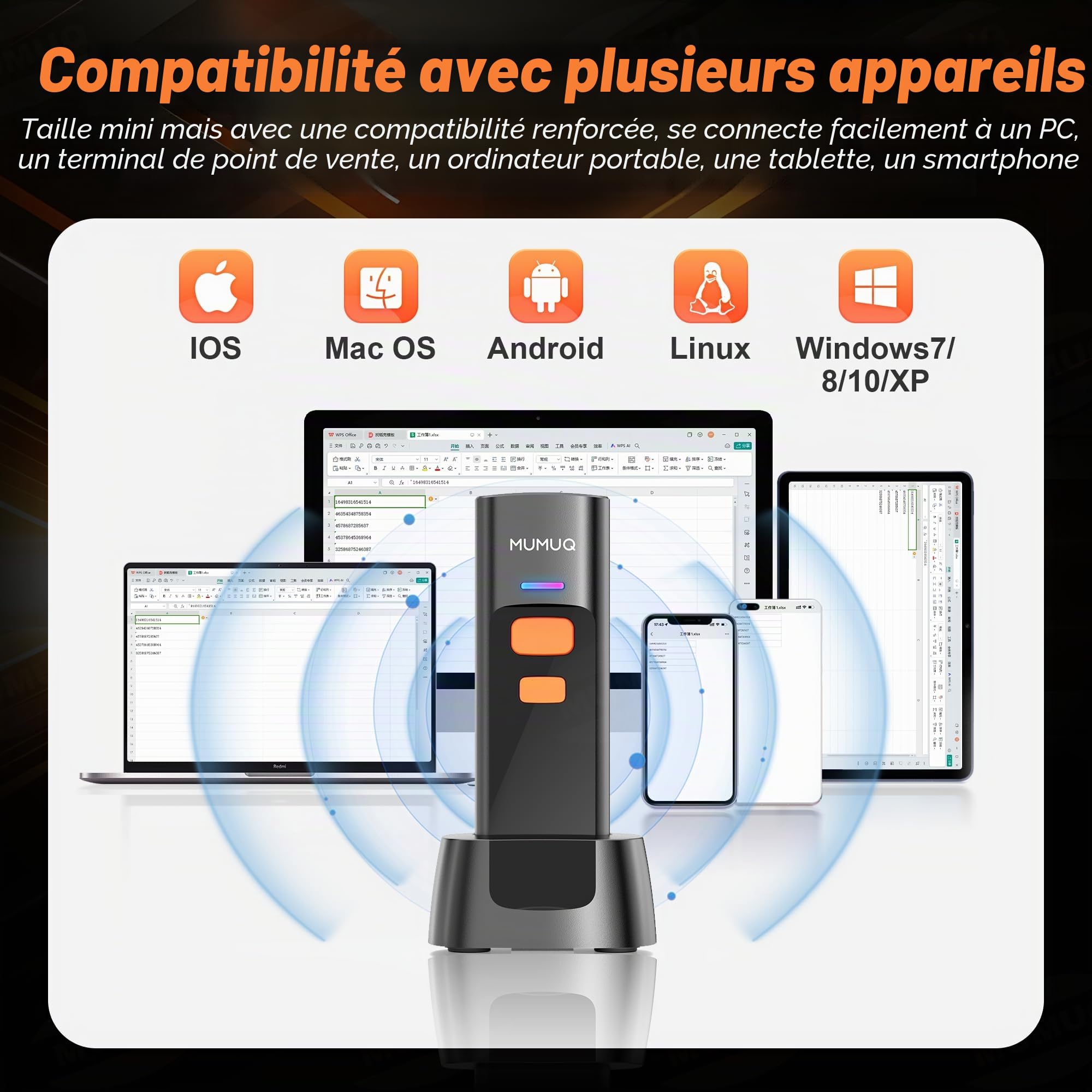 Lecteur Code-Barre Douchette sans Fil Mini, Scanner 1D 2D QR, Connexion 3-en-1 (Bluetooth 5.2/2.4GHz/USB), Compatible avec Windows PC, Mac, iOS, Android, Tablettes - avec Station de Charge