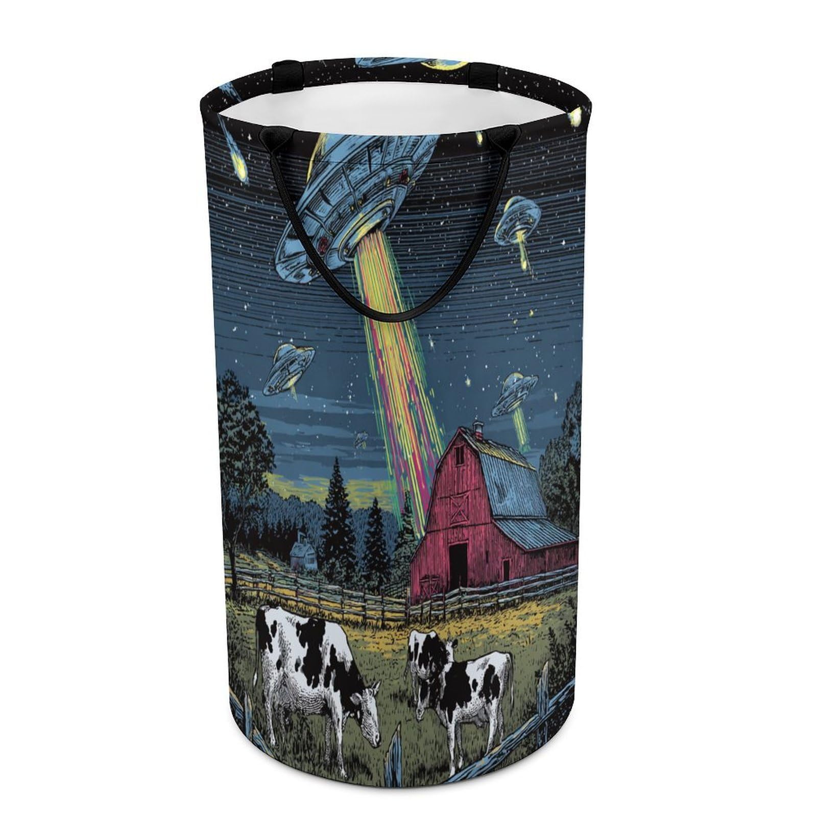 LUYYSKY Funny Rustic Farmhouse UFO Versatile Storage Laundry Basket, Western Abstract Farm Log Cabin Barn Animal Cow Large Bathroom Laundry Hamper With Handle-40 CM Dia, 69 CM High