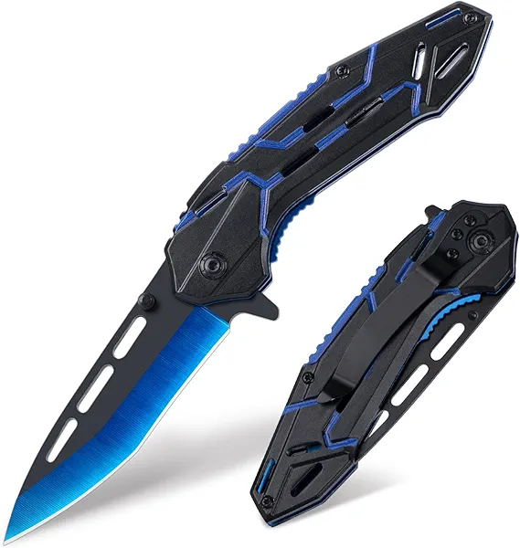 FUNBRO Cool Pocket Knife for Men, Camping Knife with 3.4” Stainless Steel Blade, EDC Folding Knives with Clip for Outdoor Hiking, Gifts forDad Him Husband (Blue)