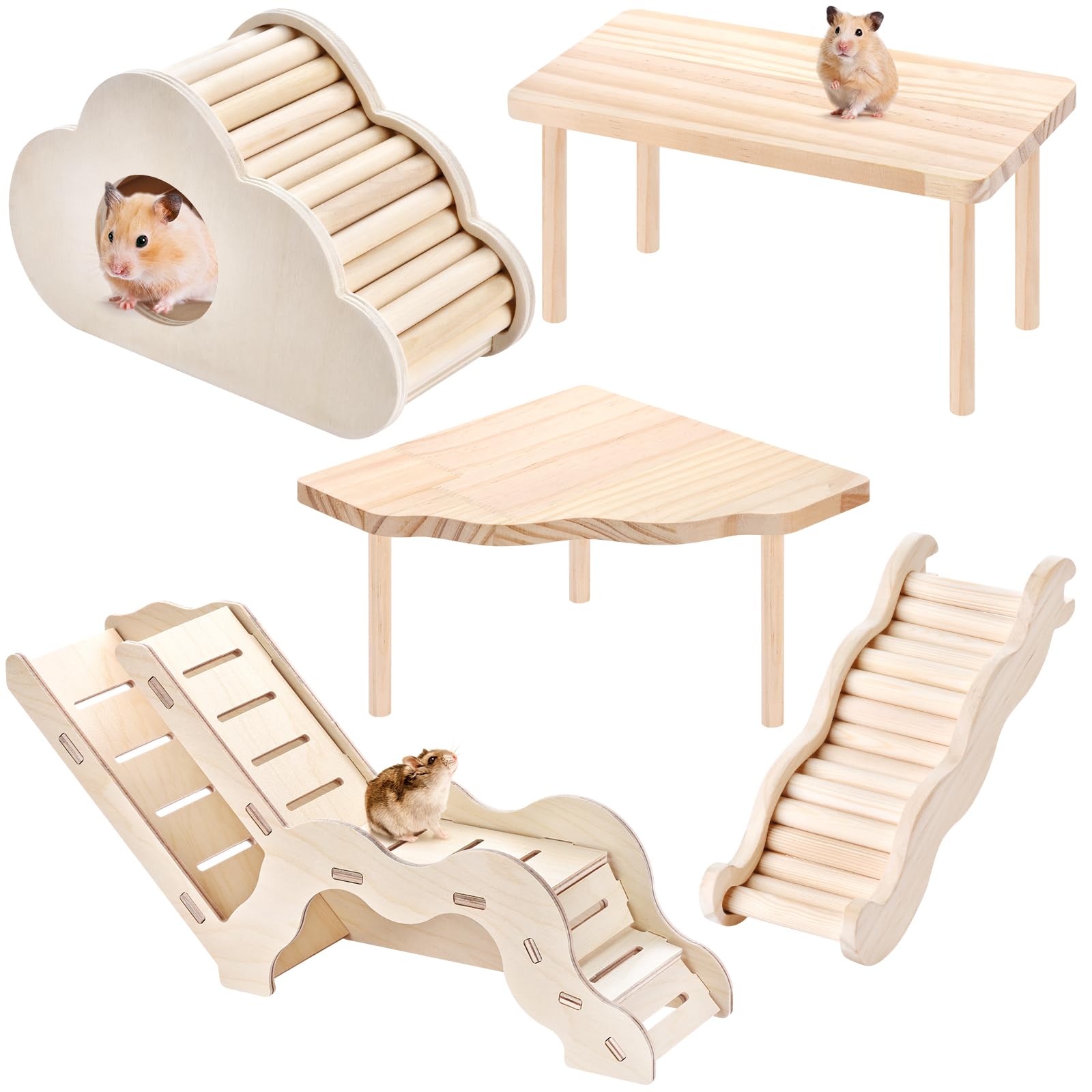 Photo 1 of 5-in-1 Wooden Hamster Toys Set Hamster House Hideout with Ladder Bridge Platform Table Climbing Ramp, Chew Toy for Syrian Dwarf Hamsters Gerbils Small Pets Cage Accessories Natural Wood Habitat Decor