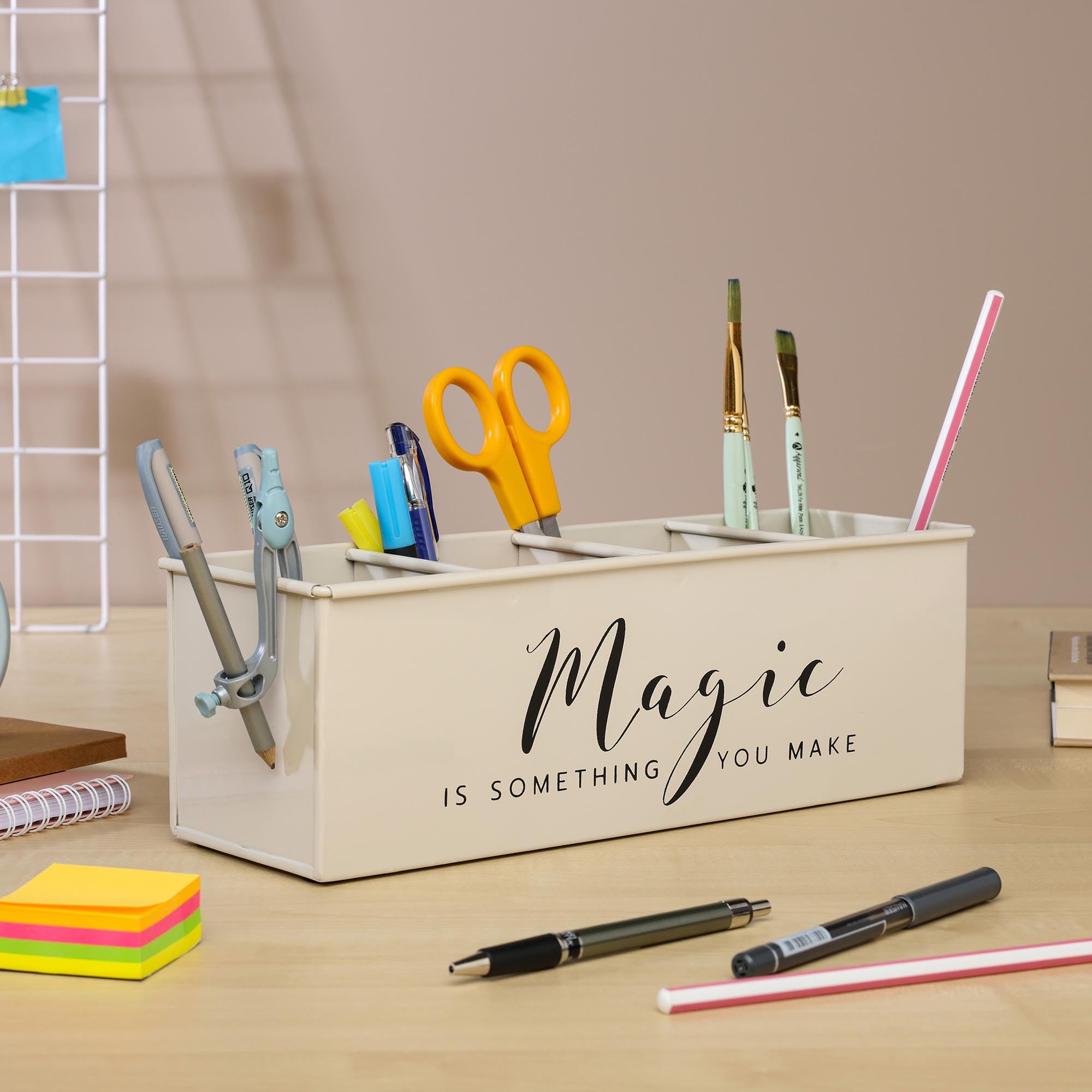 dudki Schreibtisch-Organizer mit 4 Fächern für Bürotisch | stilvoller Metall-Schreibtisch-Organizer | Schreibwarenaufbewahrung | Stifthalter für Büro, Zuhause und Arbeitszimmer (magisch) Beige