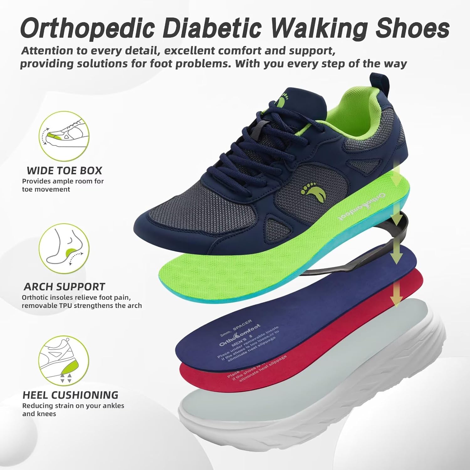 Men's Orthopedic Diabetic Wide Toe Box Walking Shoes: Comfortable Arch Support Plantar Fasciitis Orthotics Sport Shoes, Swollen Feet Casual Running Tennis Sneakers for Foot and Heel Pain Relief - Image 2