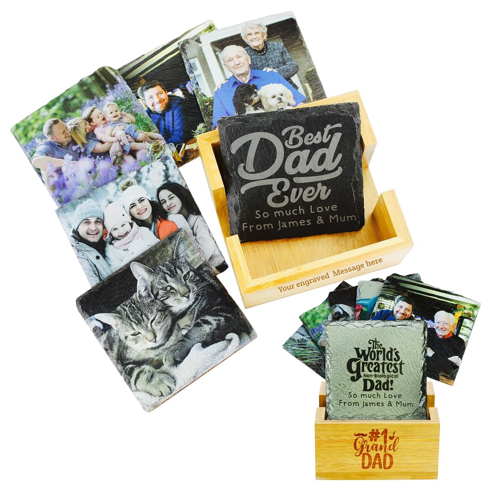 Eliphs Personalised Square rock coasters Photo Printed Engraved Slate Coasters 6 Set with Holder keepsake Gift for Man Women Him Her Coasters Cup Mat Gift for Birthday Christmas Any Special Occation