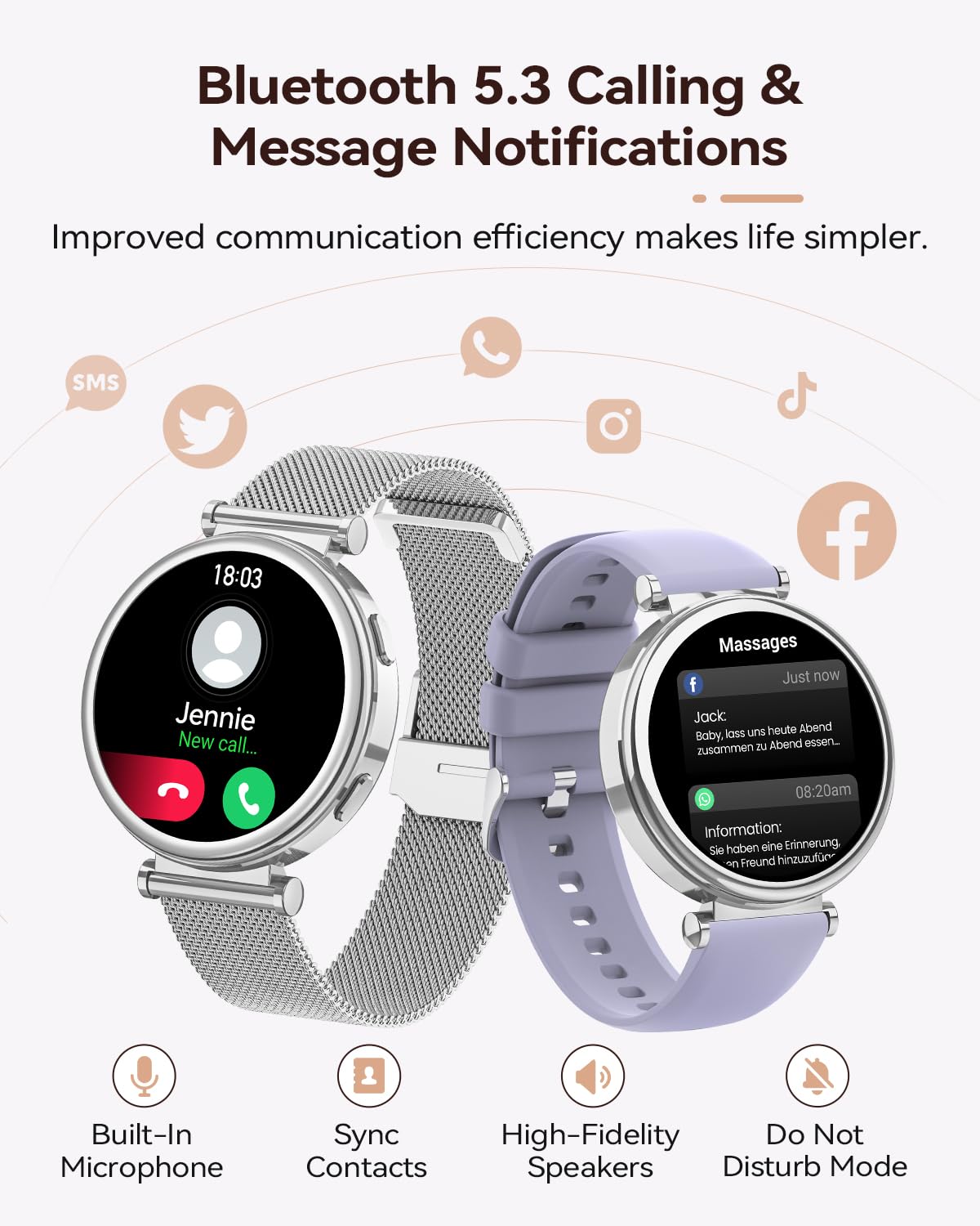 SWGOTA Smartwatch Donna con Chiamate, 1.27" Orologio Smartwatch con Fisiologia Femminile, 24H Cardiofrequenzimetro SpO2 Sonno, 120+ Sports Smart Watch Rotondo per Android iOS, Regalo Donna Argento