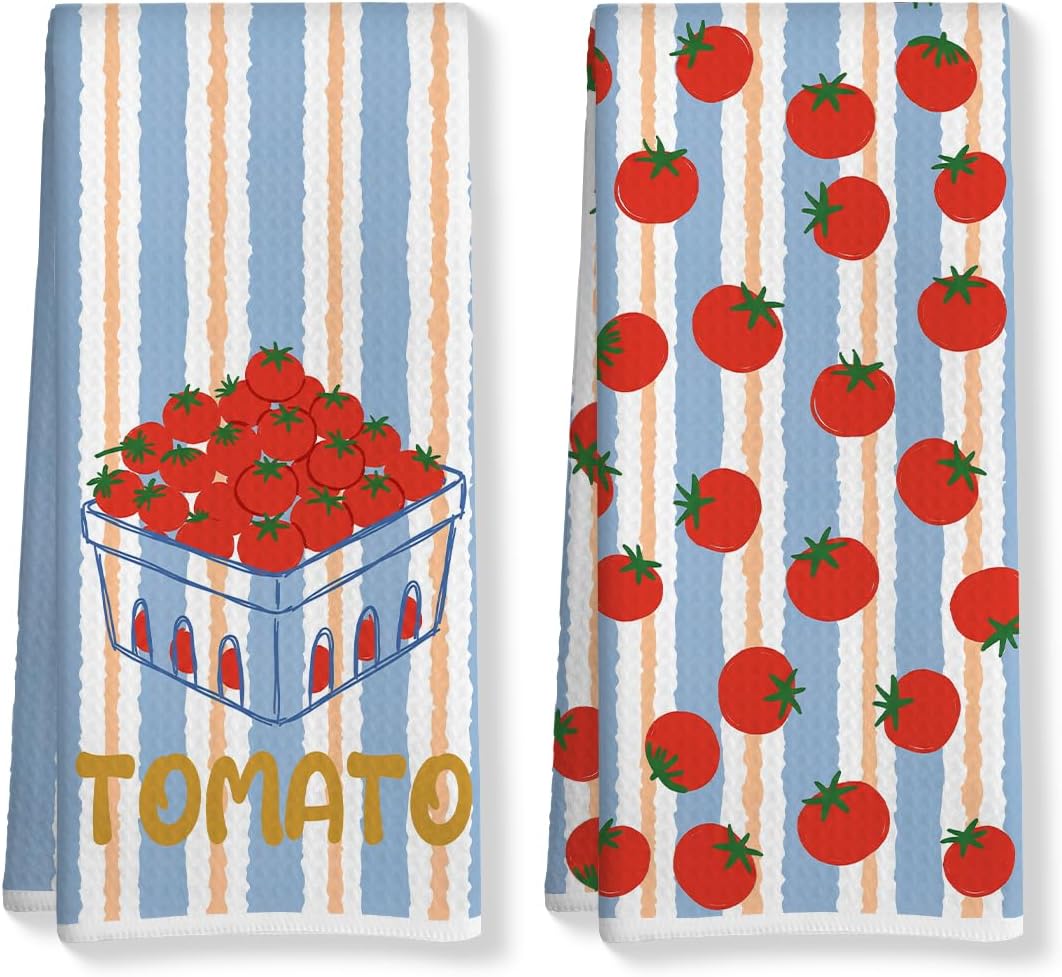 2Pcs Tomato Kitchen Towels, Blue Striped Absorbent Decorative Dish Towels | 14 x 24 Inches, Tomato Gifts Tea Towel, Reusable Hand Towels for Bathroom Kitchen Decor, Housewarming Gifts for Women Friends