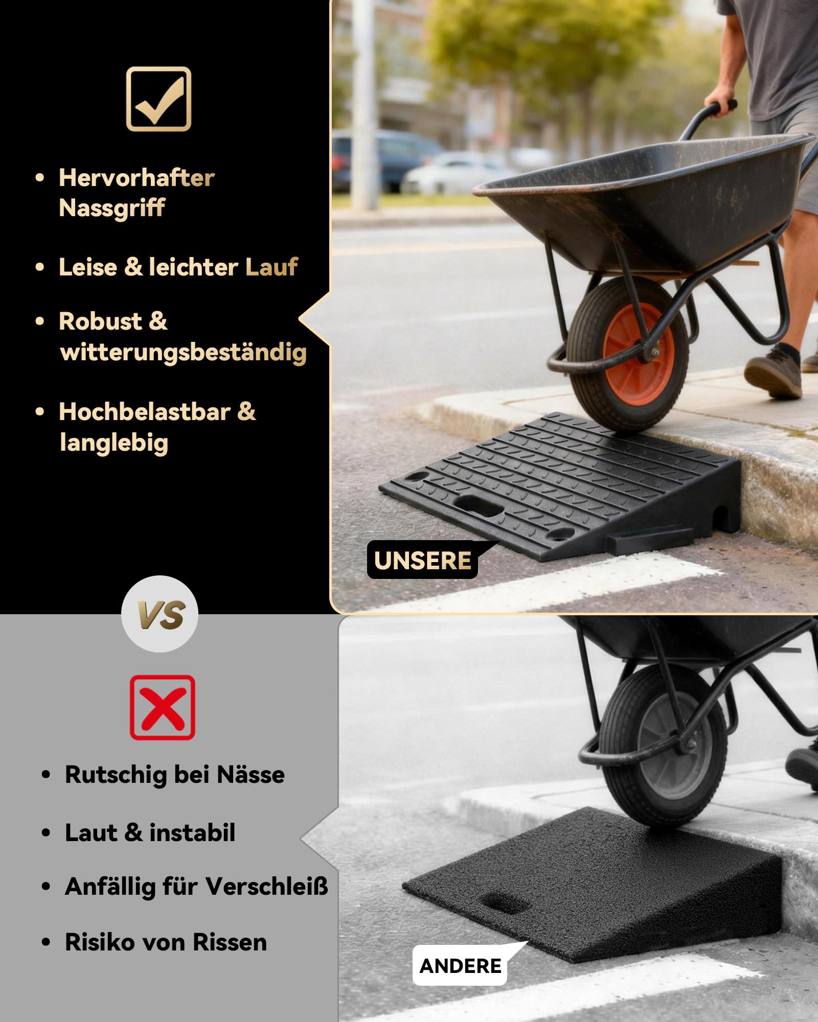 Rampa para bordillos con Capacidad de Carga de 10 toneladas, rampa para umbrales Antideslizante para Coches y Motos, diseño portátil para entradas de vehículos y accesos a Puertas, Juego de 2 Piezas