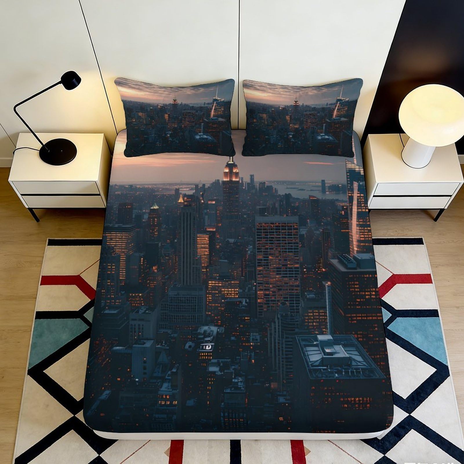 3D Printed Cityscape Fitted Sheet Microfiber Soft Breathable Night Skyline Bed Cover for Bedroom Dormitory Guest Room Mattress Protection Decor 160x200x25cm