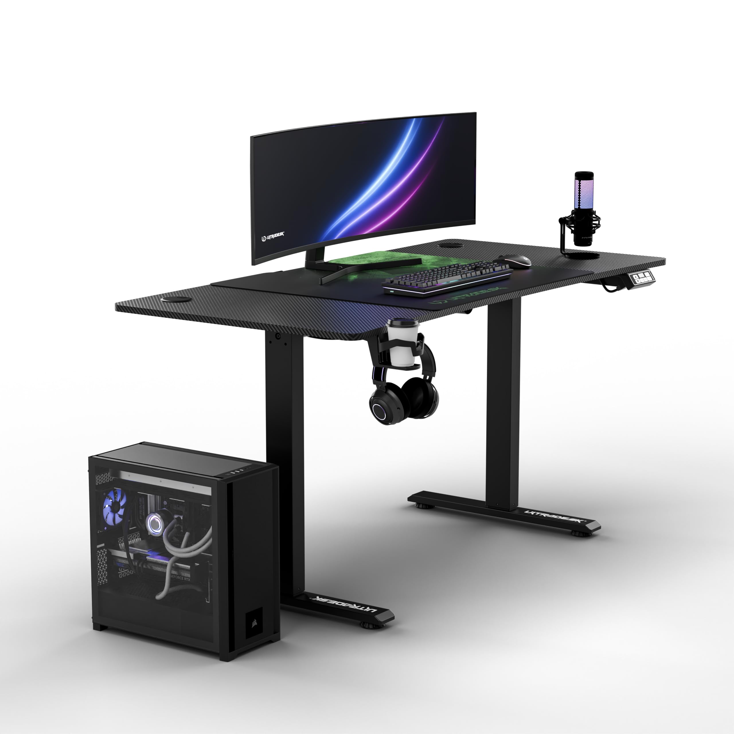 Ultradesk - Scrivania regolabile in altezza Level V2 - Scrivania elettrica per computer - 140x68 cm, per il gioco, il telelavoro - Set con tappetino per mouse XL - Nero, verde