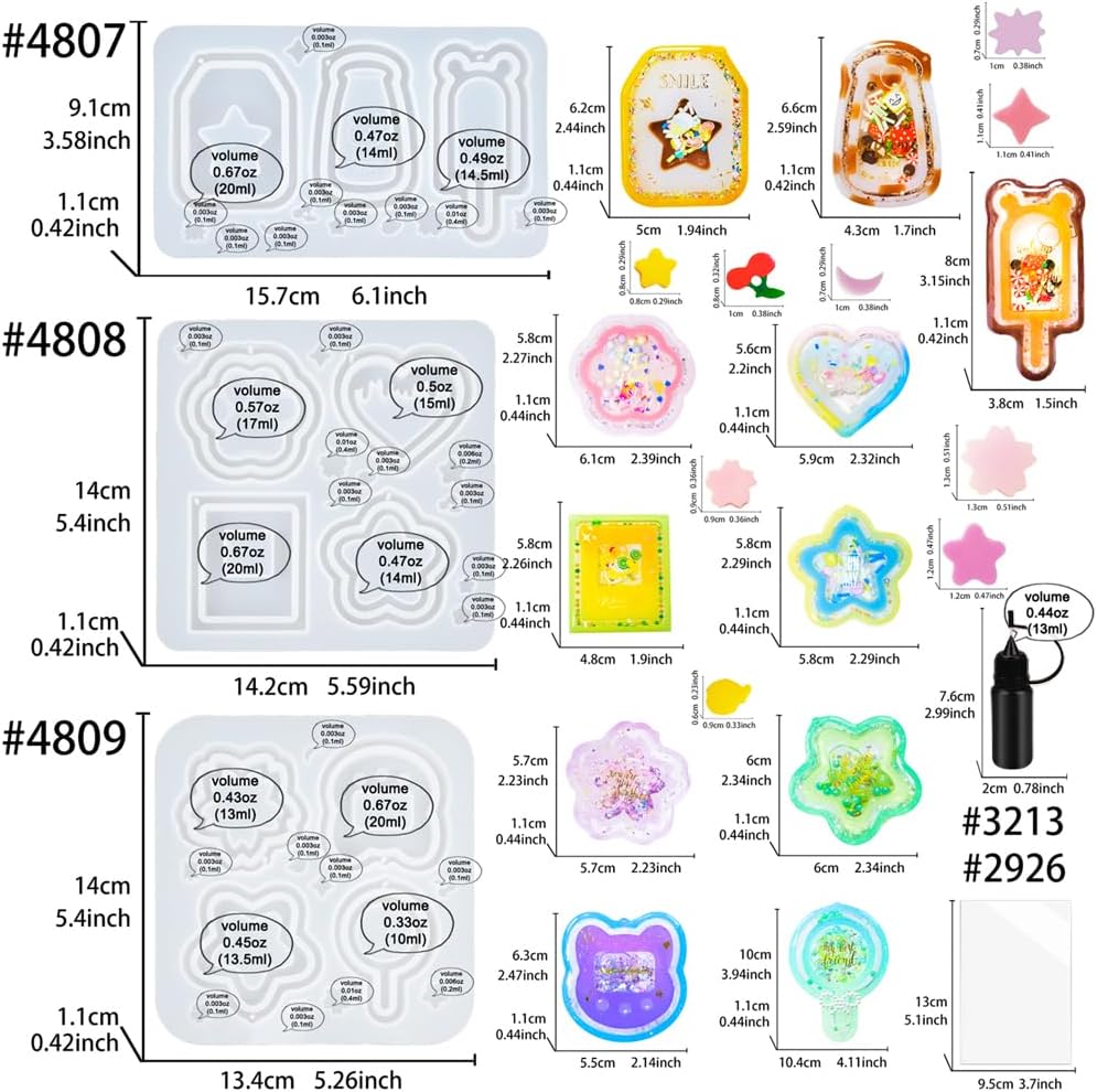 Resin Shaker Molds Set Kawaii Keychain Charms Pack of 9 Epoxy Silicone Trays Precision Tip Applicator Bottle Kit Bundle
