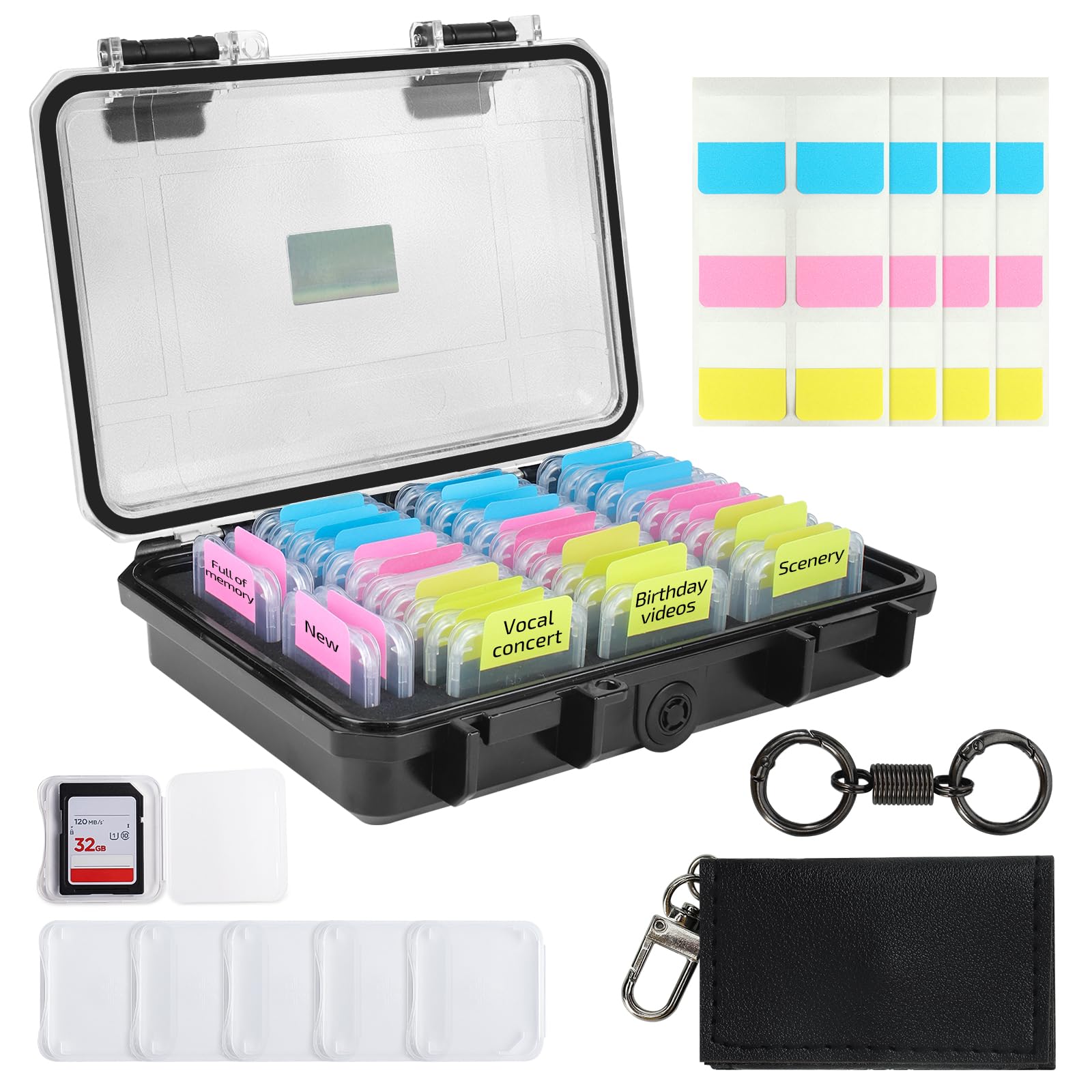 Micscrew 37 Slots Memory Card Case & 36 Transparent Card Cases & 60 Visual Sticky Notes, Water-Resistant Anti-Shock Anti-Dust SD Card Holder Storage,