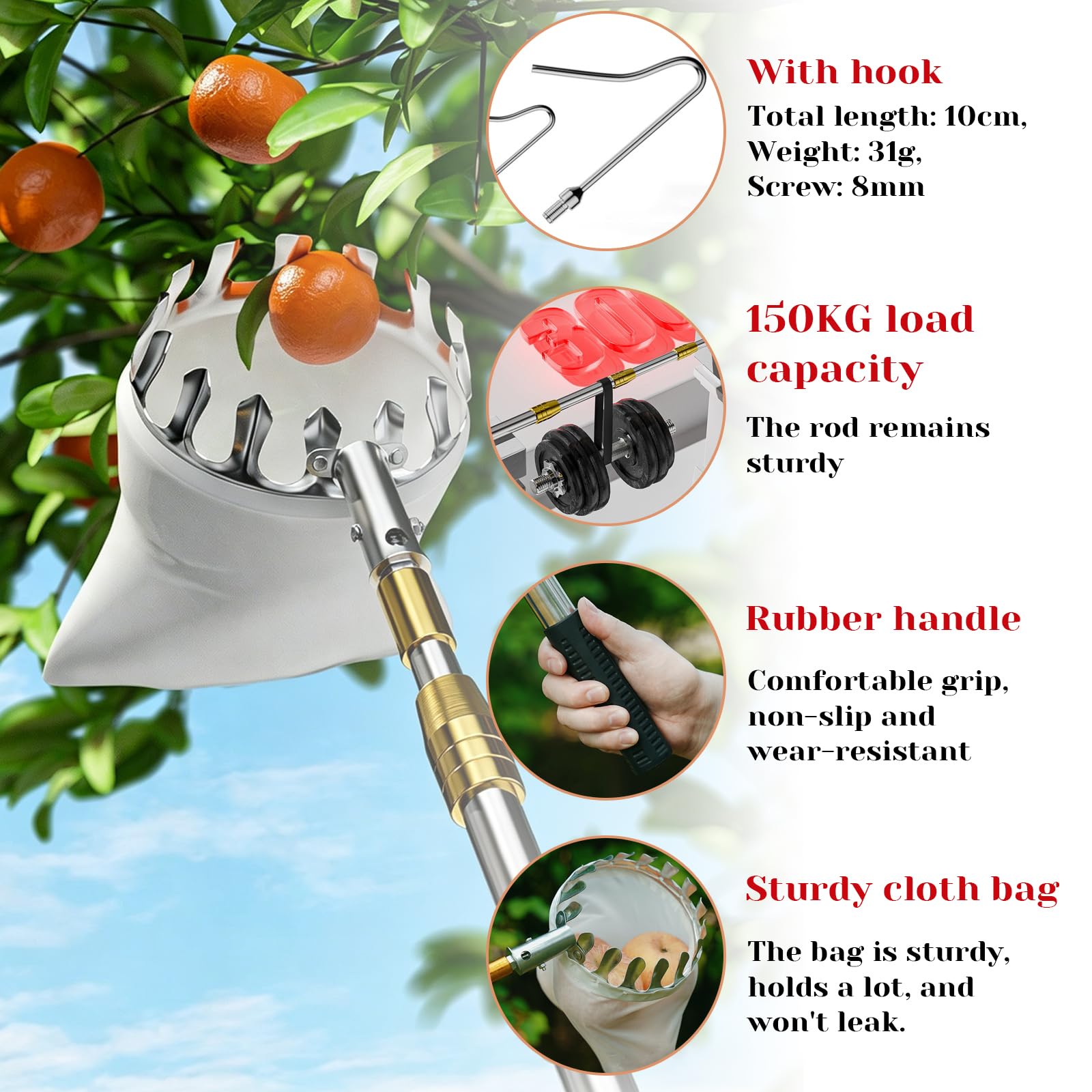 Raccoglitore di Frutta con Manico Telescopico,Raccoglifrutta con Palo in Acciaio Inox Leggero,Bastone Raccogli Frutta,Portatile,per Limoni Mele Pere Pesche Arance Bacche