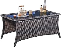 Vista 13 de Belord Mesa de centro para exteriores con parte superior de vidrio templado, mesa rectangular de mimbre gris claro, mesa de centro de ratán tejida a