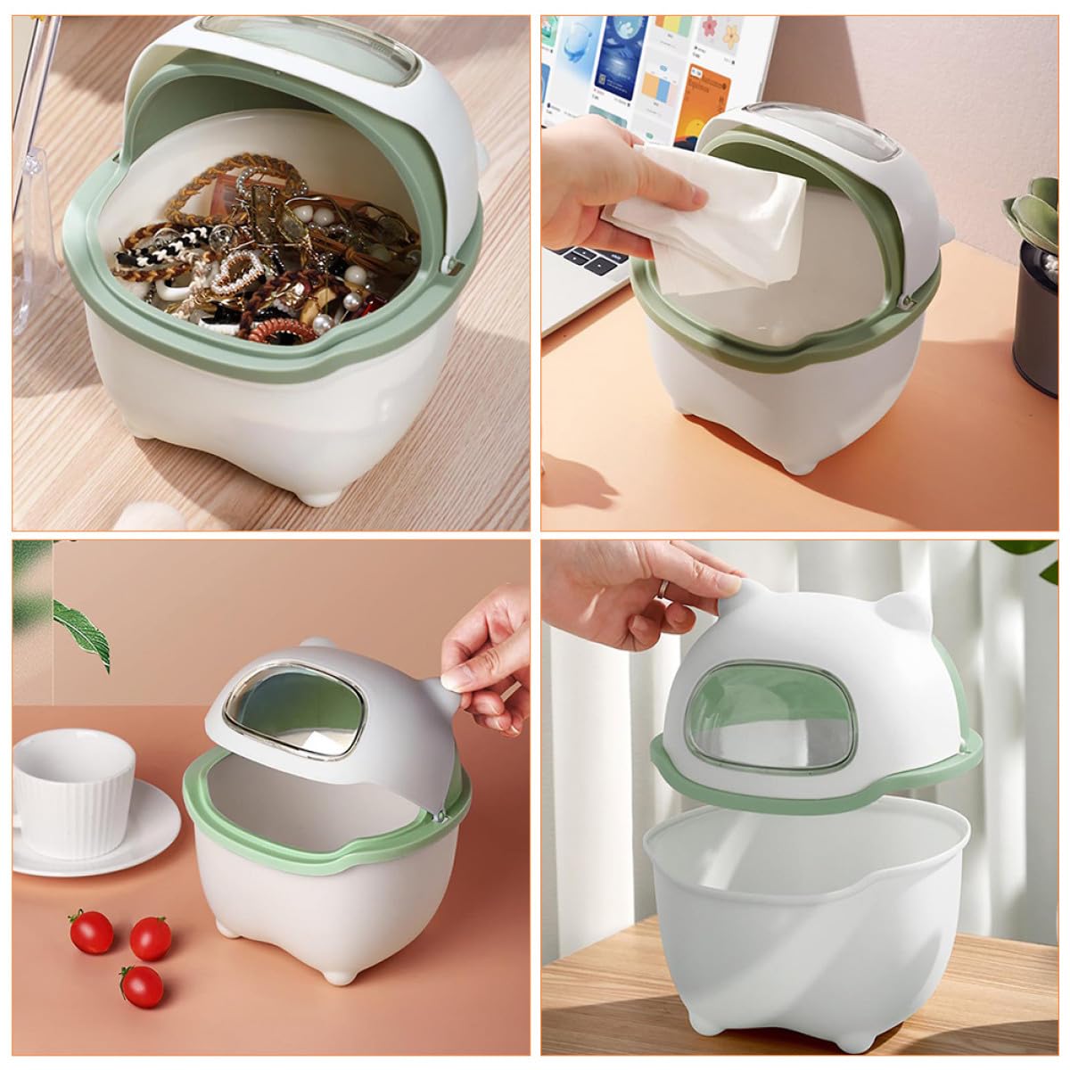 Mini Cartoon Desk Trash Can with Lid, White PP Small Waste Bucket Xmas