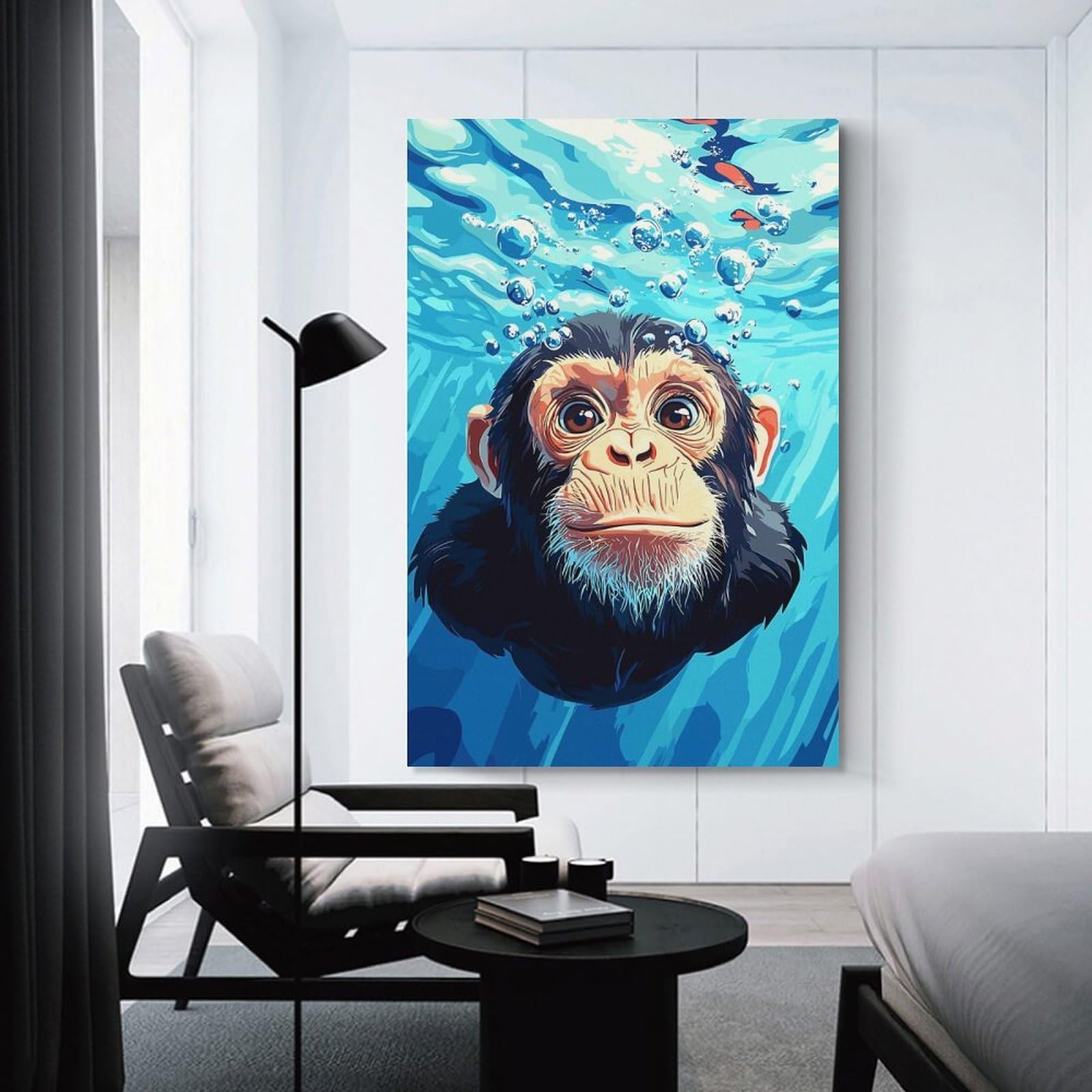 Junmoney Chimpanzee Underwater with Bubbles Illustration Canvas Art Print 24x36inch(60x90cm), for Office Decor, Home Working Or Creative Rooms, An Interior Accent for Desk Areas