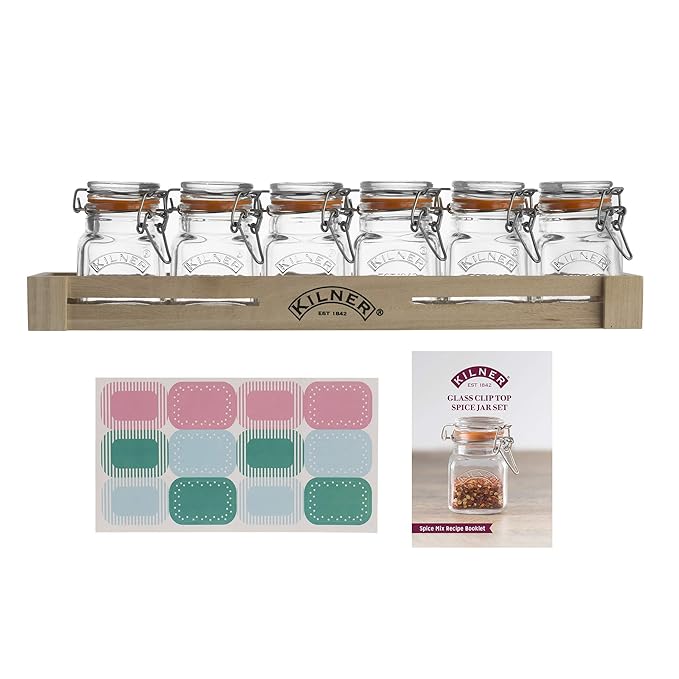 Kilner Glass Clip Top Spice Jars, Set of 6, Durable Airtight Seal, Stylish Wooden Storage Crate