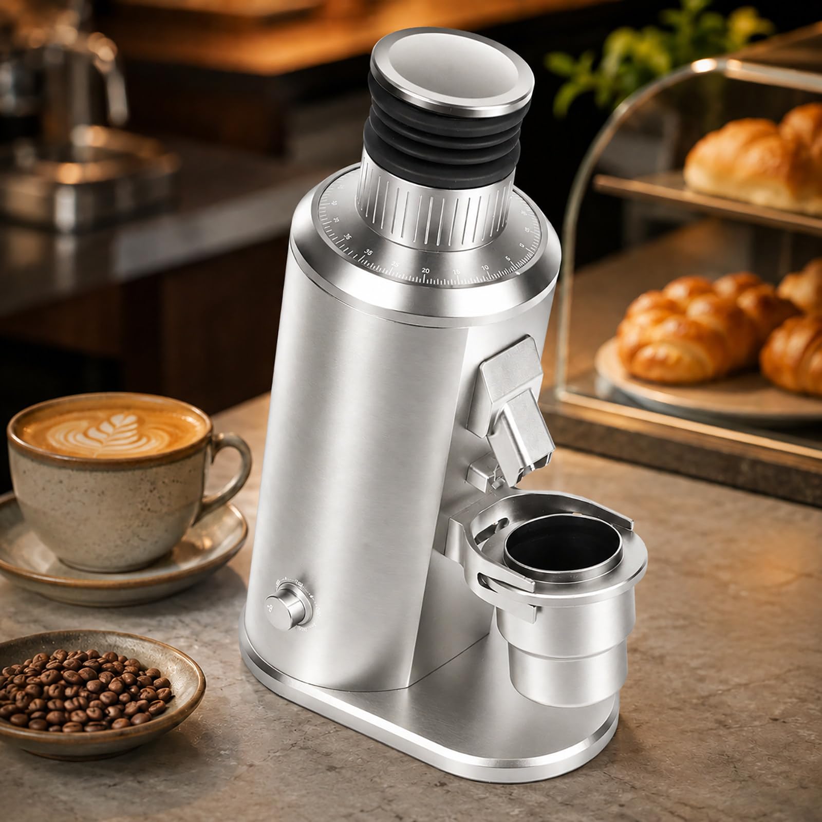 vnmudzeo 80mm Coffee Bean Grinder - Professional Flat Burr Grinder with 550W Adjustable Speed Motor, Single Dose Bellows Hopper and 58mm Portafilter Rest Silver