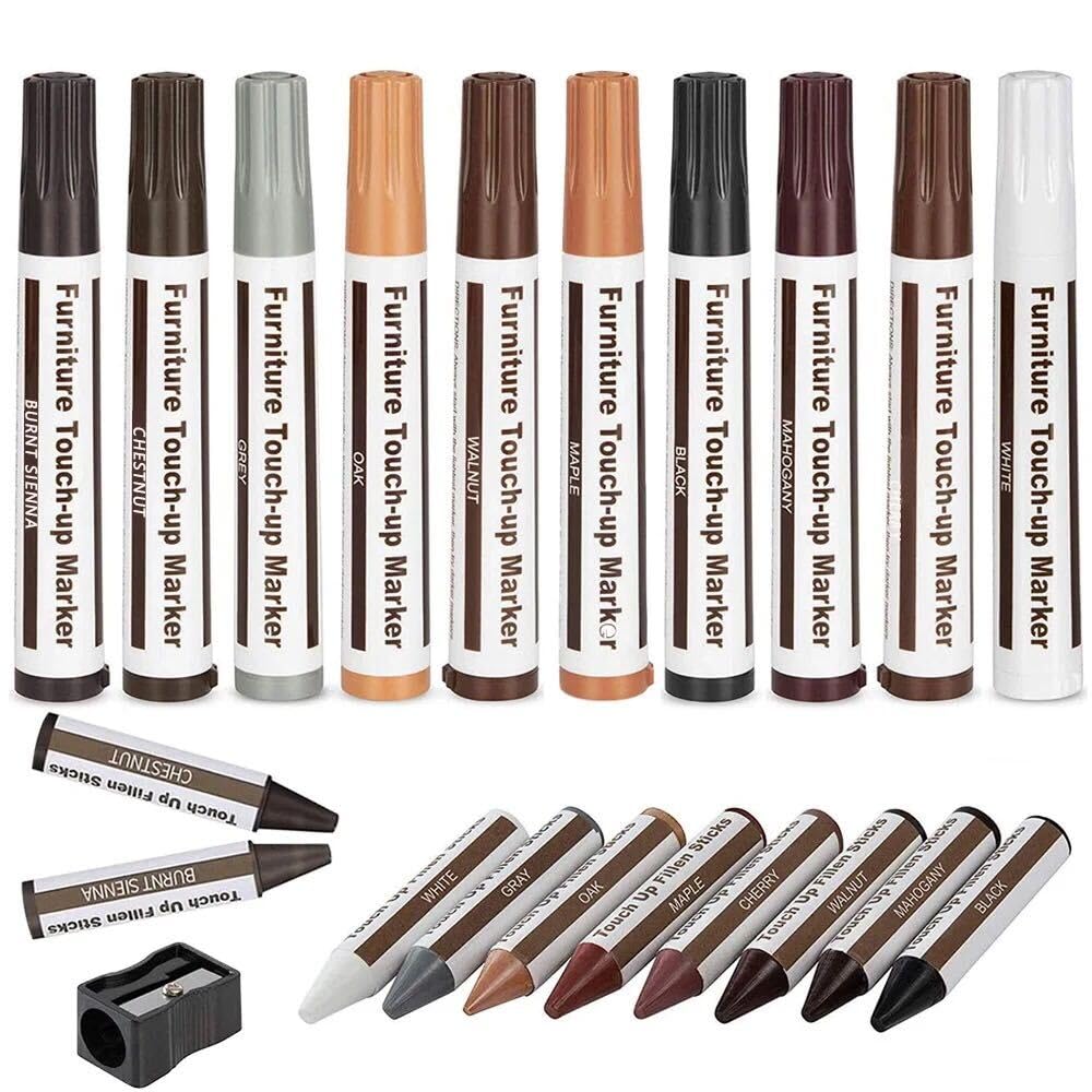 AMEEGO 21 PCS Furniture Repair Kit, Furniture Repair Markers and Wax Sticks, Furniture Repair Pens for Stains, Scratches, Wood Touch Up Markers and Sticks Kit, Filler Sticks for Deep Scratches