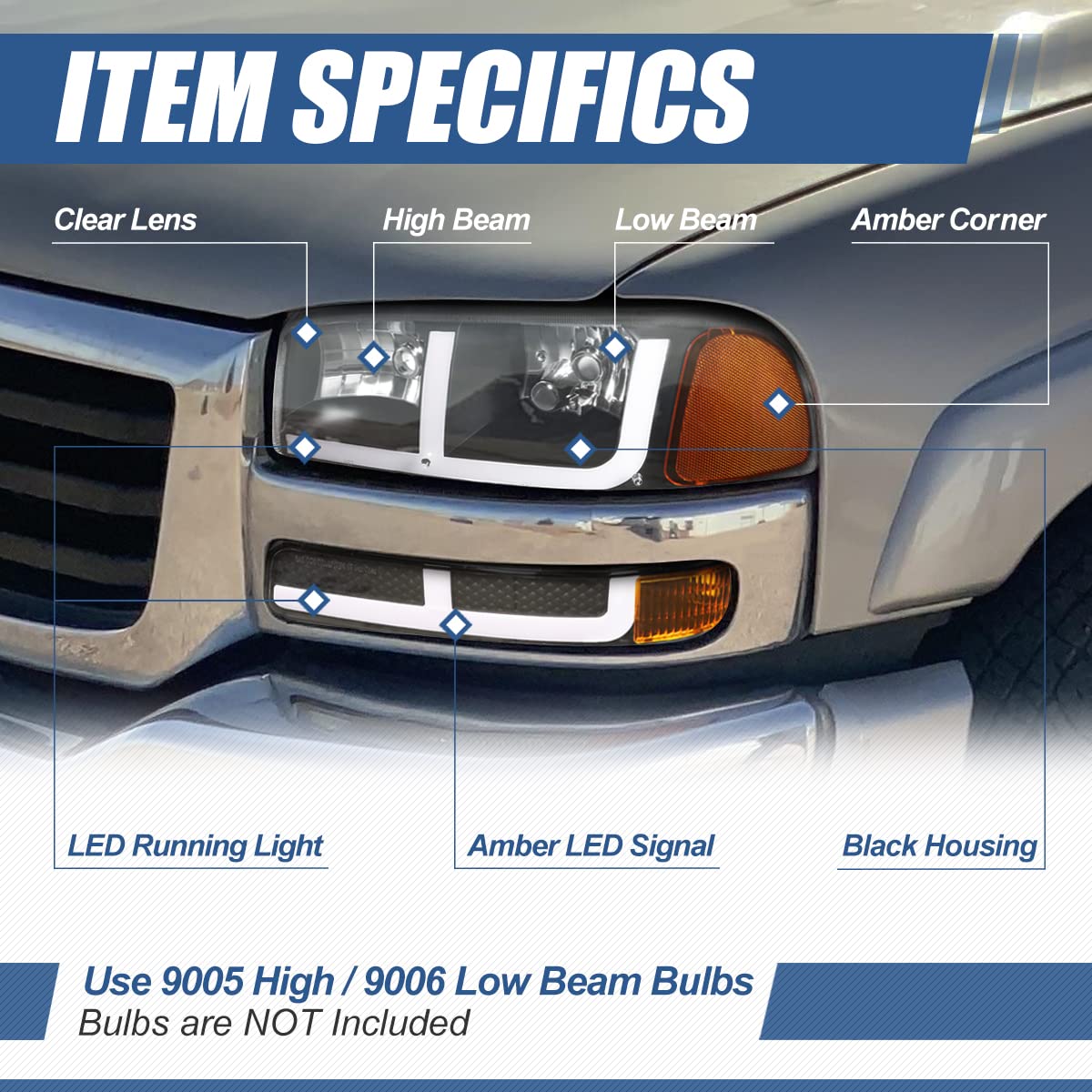 Auto Dynasty 4PCS Switchback LED DRL Headlights and Bumper Lamps Compatible with GMC Sierra Yukon XL 1500 2500 3500 99-07, Driver and Passenger Side, Black Housing Amber Corner