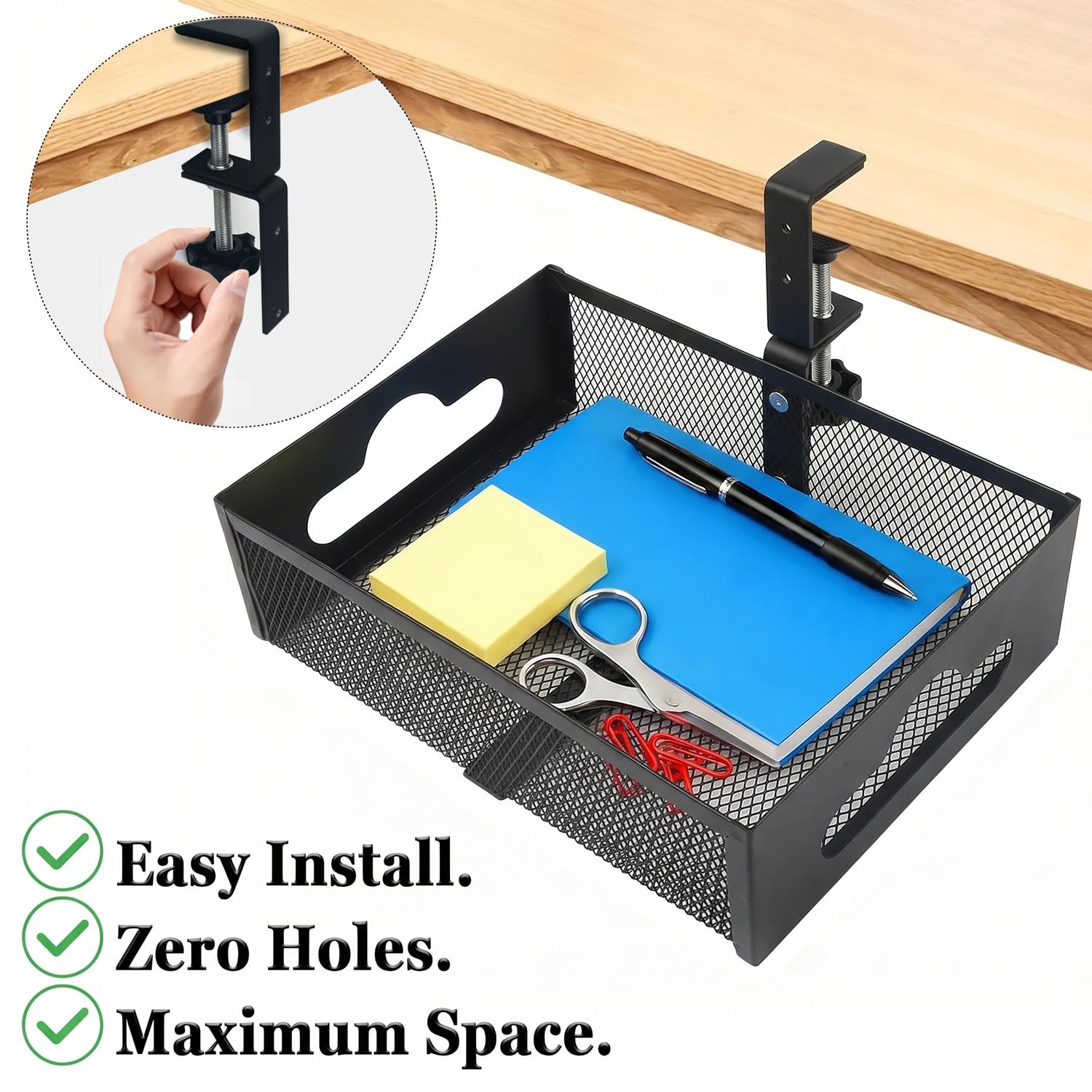 Organizer da scrivania con rotazione a 360°, installazione a morsetto senza trapano, robusto cassetto portaoggetti in rete per casa, ufficio, matite, forniture artistiche e altro (nero)