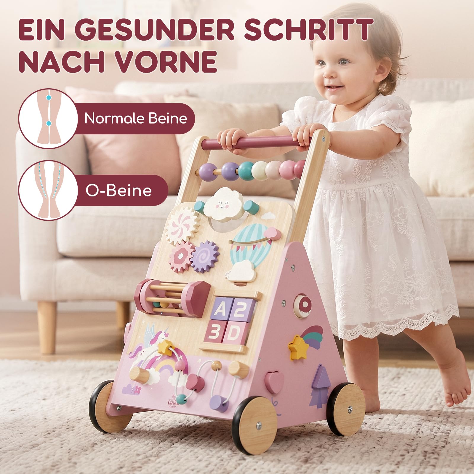 Lehoo Castle Lauflernwagen Holz mit Bremse, Einhorn Laufwagen ab 1 Jahr | Einstellbare Bremse, 10-in-1 Activity Center, Einfache Montage, Rosa Einhorn-Design, Geschenk 1 Jahr Mädchen