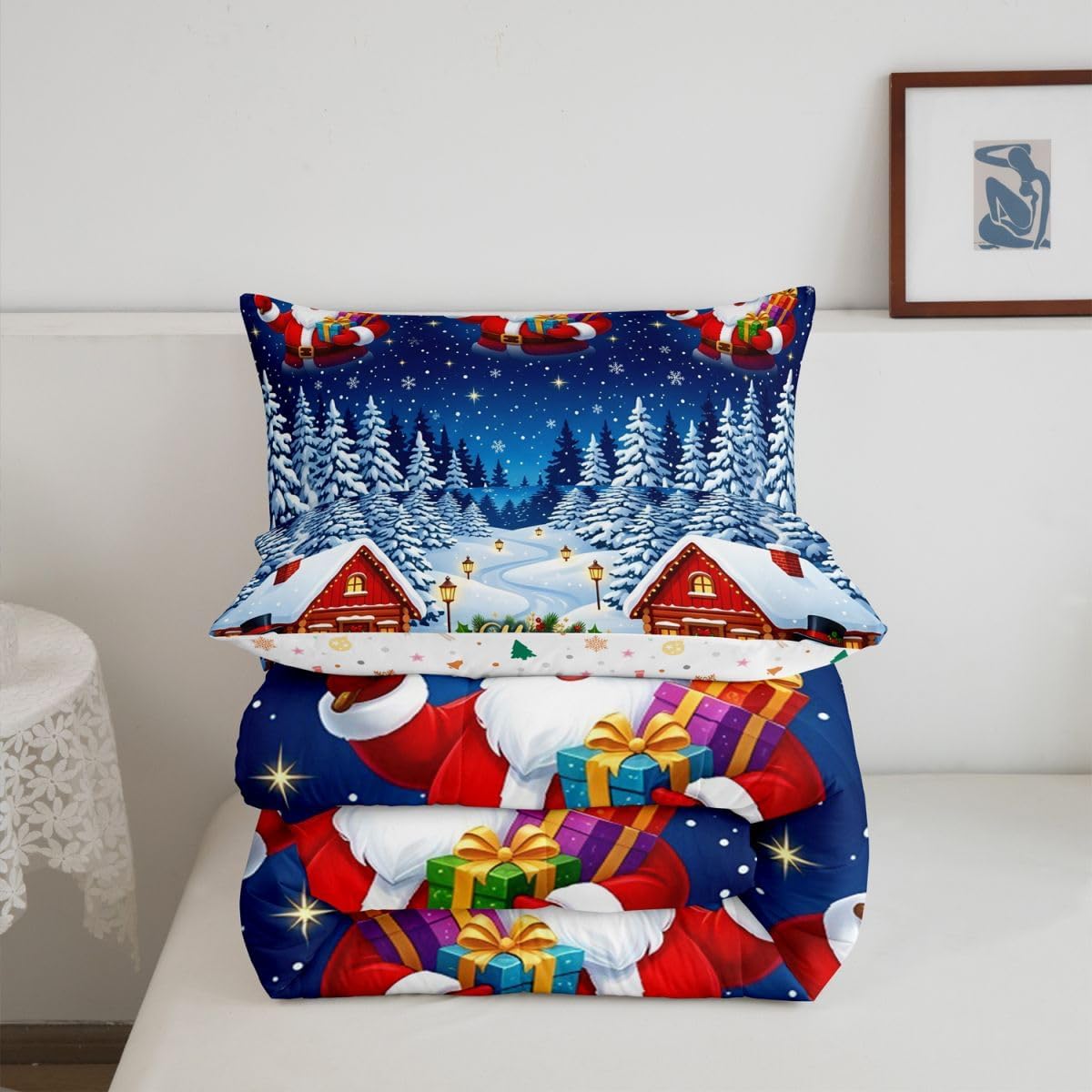 Feelyou Kids Christmas Decorations Bedding Set Xmas Santa Claus Full Size Comforter Set for Boys Girls Merry Christmas Blue Decor Quilt Collection 3Pcs