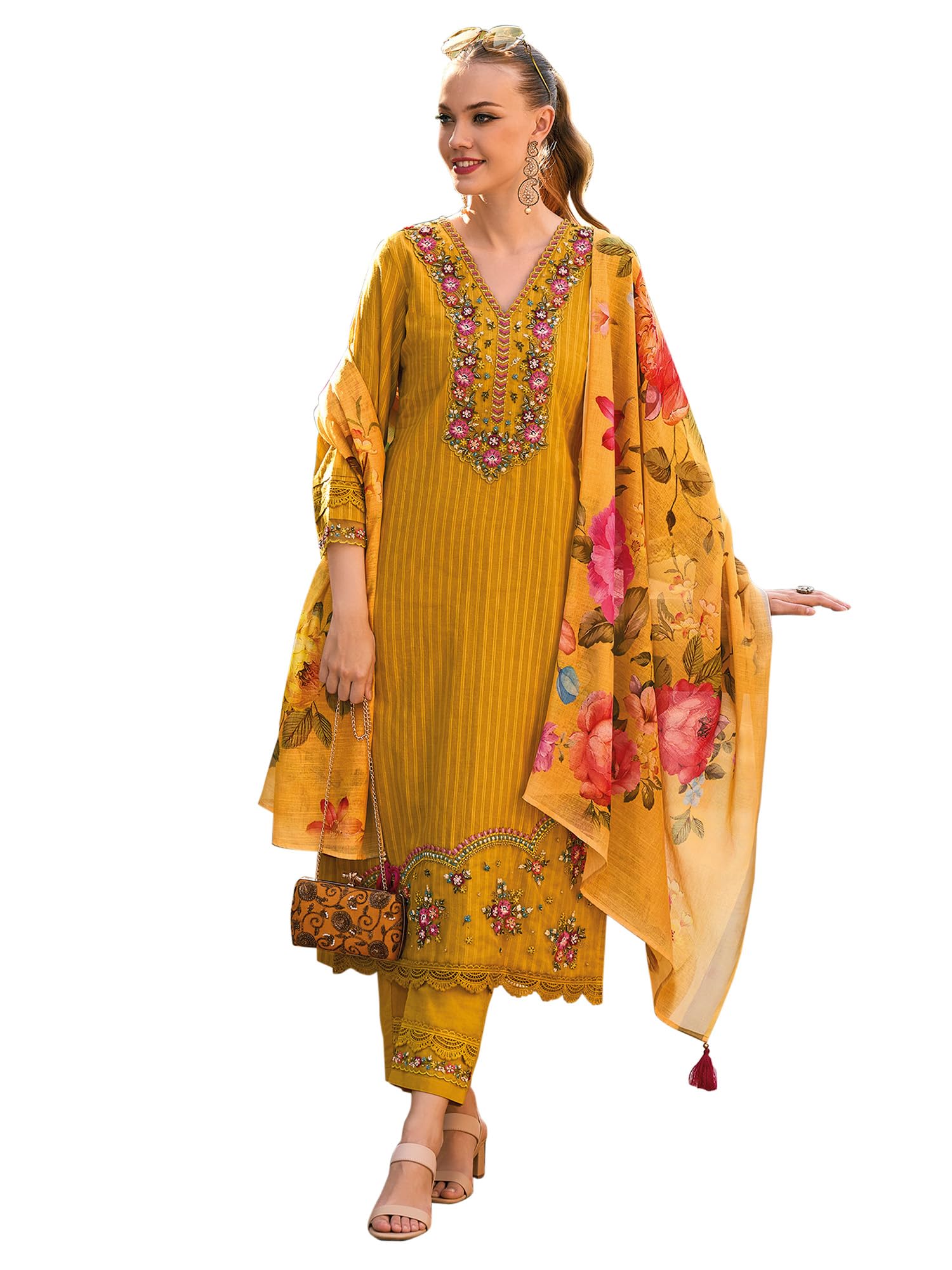 Women's Pure Cotton Embroidered Straight Kurta Pant With Dupatta Set