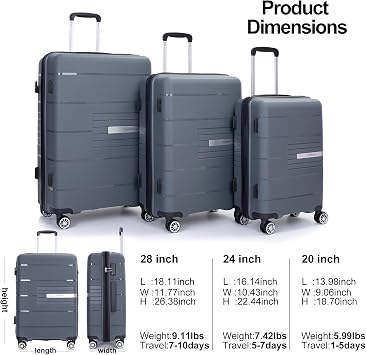 Travelhouse Hardshell Luggage Set,3 Piece Hardside Suitcases Set with Double Spinner Wheel,Lightweight PP Travel Carry-on luggage set with TSA lock