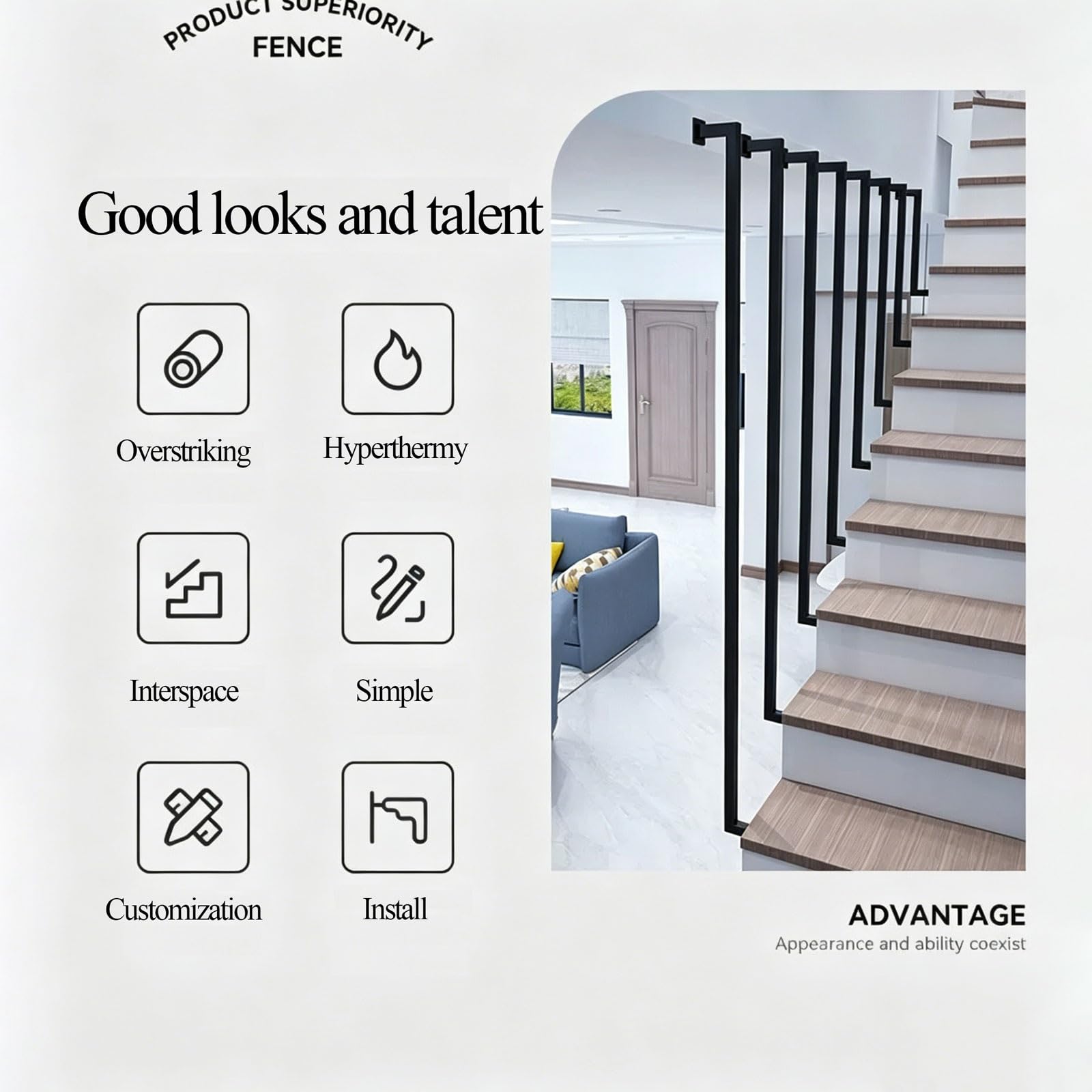 Barandillas metálicas personalizables para escaleras con montaje en suelo | Pasamanos de pared con kit de tornillos y soporte ajustable antideslizante para terrazas, balcones(Negro,4.4FT)