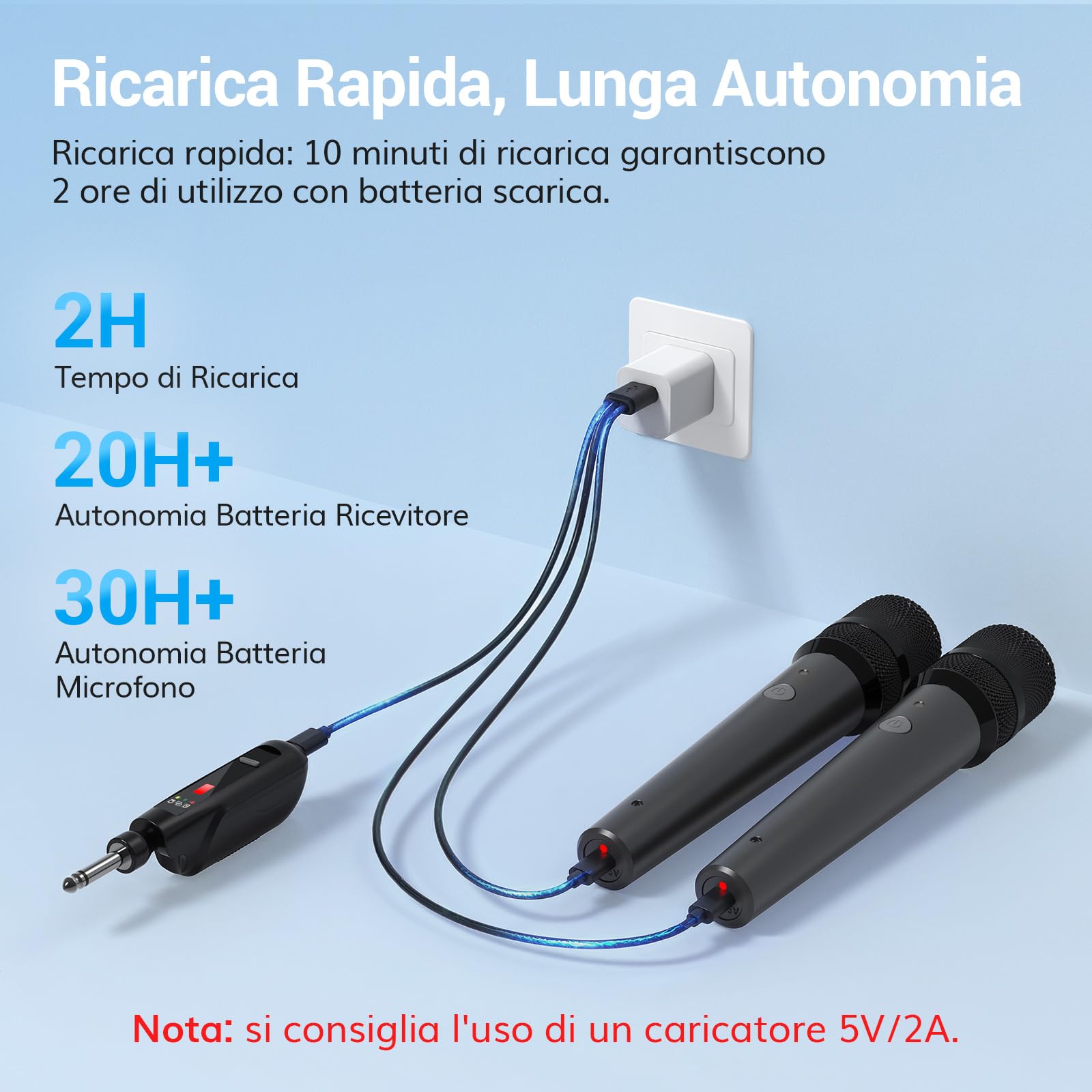TONOR Microfoni Dinamici Wireless Ricaricabili, Sistema Microfoni Doppi Portatili Senza Fili con Ricevitore per Karaoke, Canto, Feste in Casa, Compleanni, Discorsi, Durata 30H, 2.4GHz, TW 220