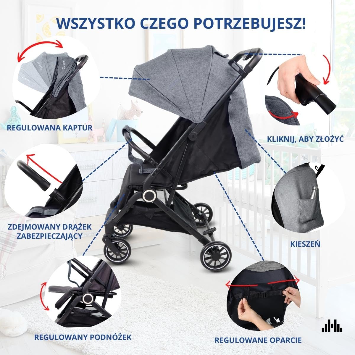 Mobiclinic® kids, Wózek spacerowy, Ultrakompaktowy, Trip, 5-punktowe pasy bezpieczeństwa, Pałąk do przenoszenia, Koszyk, 0-36 miesięcy, Pełna regulacja, Pojedyncza rączka, Składana maska