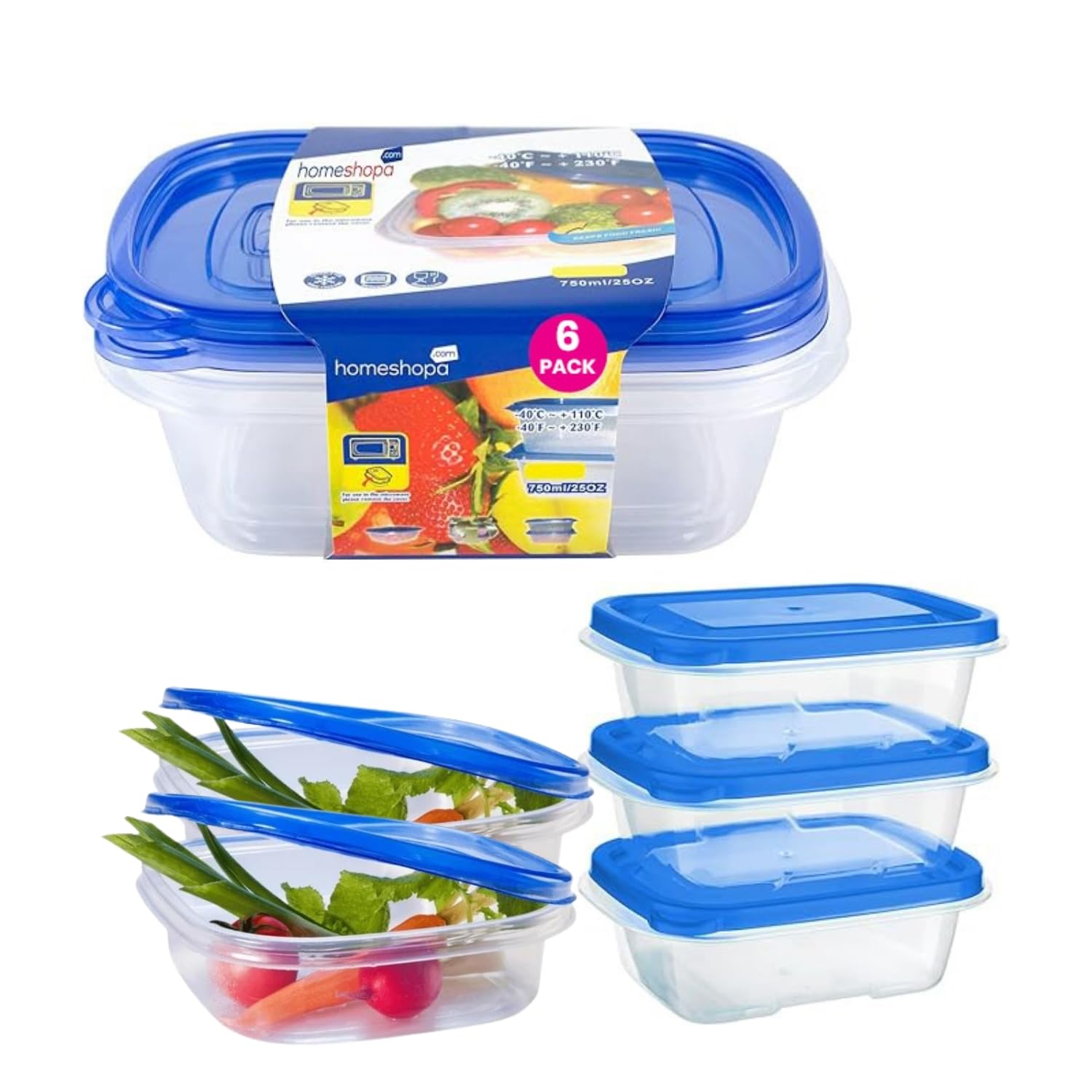 Homeshopa.com Blue Lid Homeshopa Food Storage Containers With 750Ml, 6 Pack Rectangular Bpa Free Plastic Containers With Airtight Lids, Reusable, Stackable, Nestable Meal Prep Boxes
