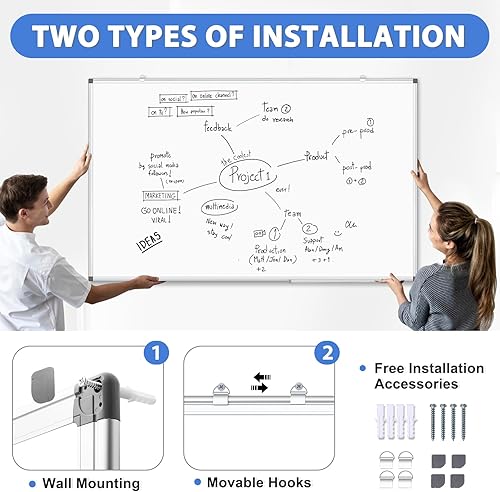 Miniatura 3 de WALGLASS Pizarra blanca grande de borrado en seco para pared, 72 x 40 pulgadas, pizarra blanca magnética de doble cara con marco de aluminio, para