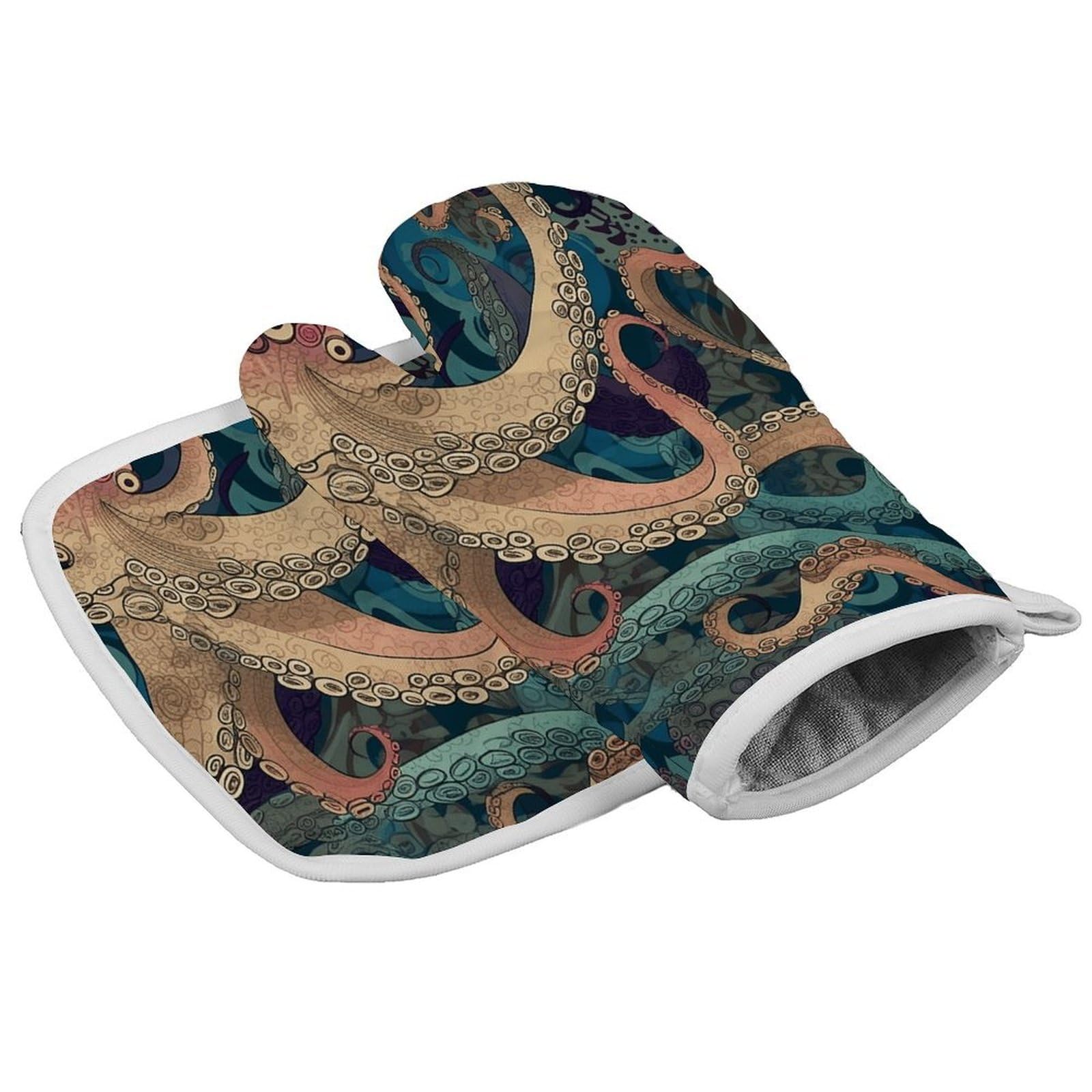Fodpand Style Abstract Octopus Kraken Oven Mitt Set With Lanyard, Cooking Mitt, Protective Thermal Insulation,Kitchen Mitt For Baking, Cooking, Grilling, Microwave