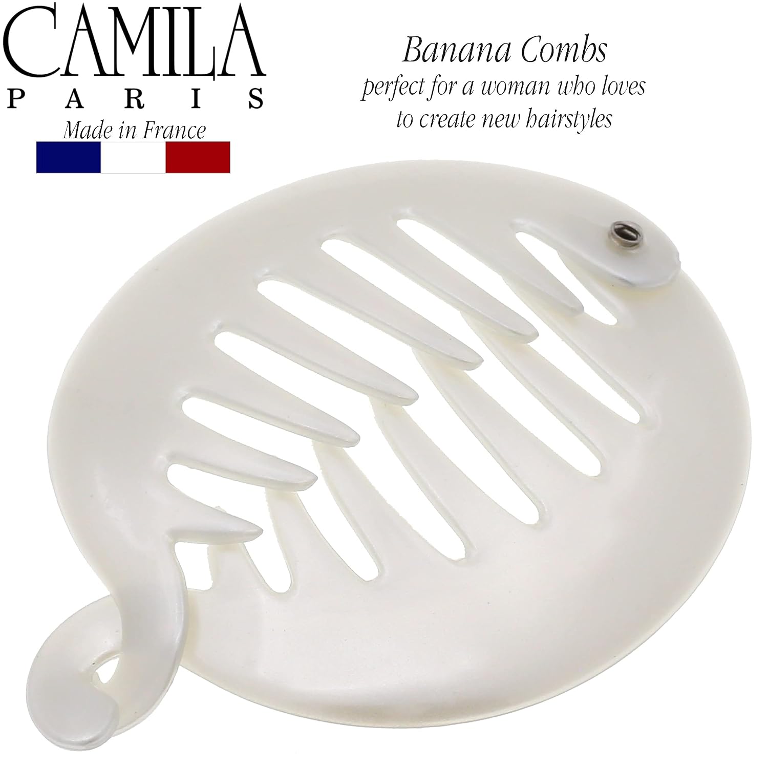 Camila Paris CP3015 3.255 inch French Banana Clip Hair Comb White Round Girls Ponytail Holder Interlocking Banana Combs For Volume Thick Hair. Fashion Styling Hair Accessories for Women Made in France image 2
