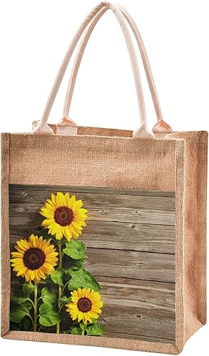 CaTaKu Bolsas de yute de madera de girasol con asas y cremallera, bolsas reutilizables de arpillera con bolsillo frontal de lona, bolsas de regalo