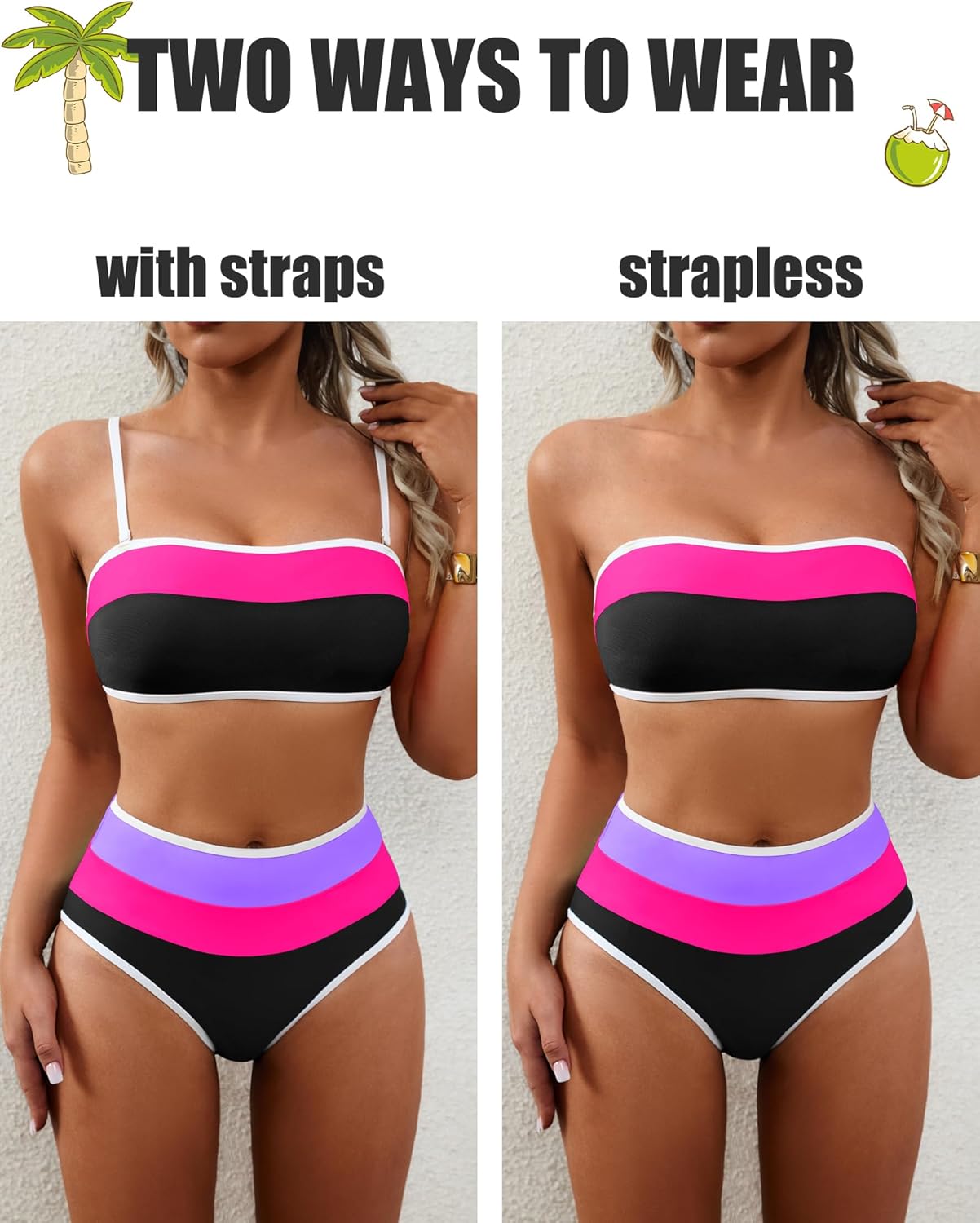 DaiLiWei High Waisted Bikini Sets for Women Strapless Swimsuits Tummy Control 2 Piece Bathing Suits Bandeau Top Swimwear 2026