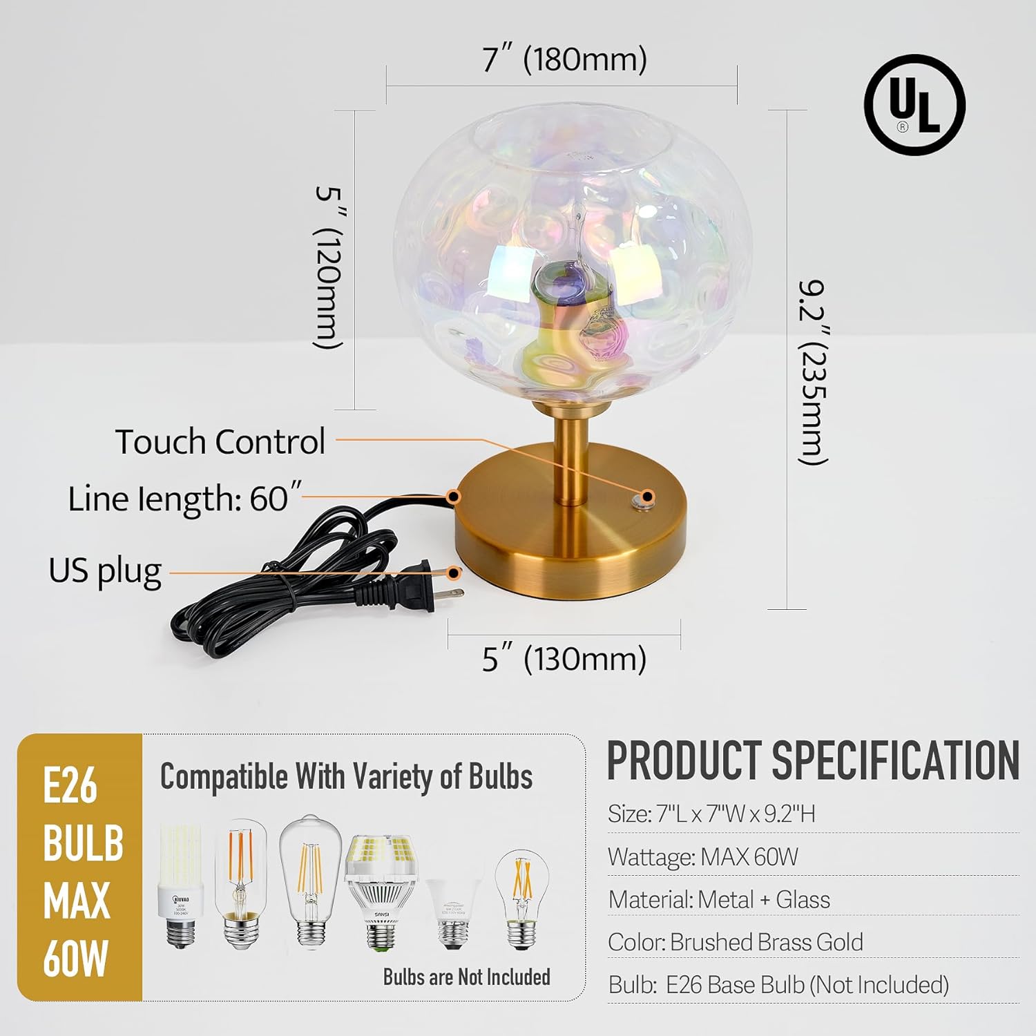Touch Control Hammered Glass Table Lamp Brass Gold Portable Dimmable Brightness Small Nightstand Light 3-Way Stepless Dimming Bedside Bedroom Living Room (Stained Glass & Gold)