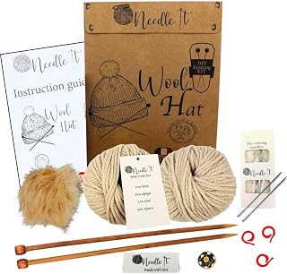 Needle It® Kit Tricot bonnet complet écru - Bonnet en laine à tricoter soi-même pour enfant et adulte - Kit complet avec aiguilles, pelotes et notice - Laine française