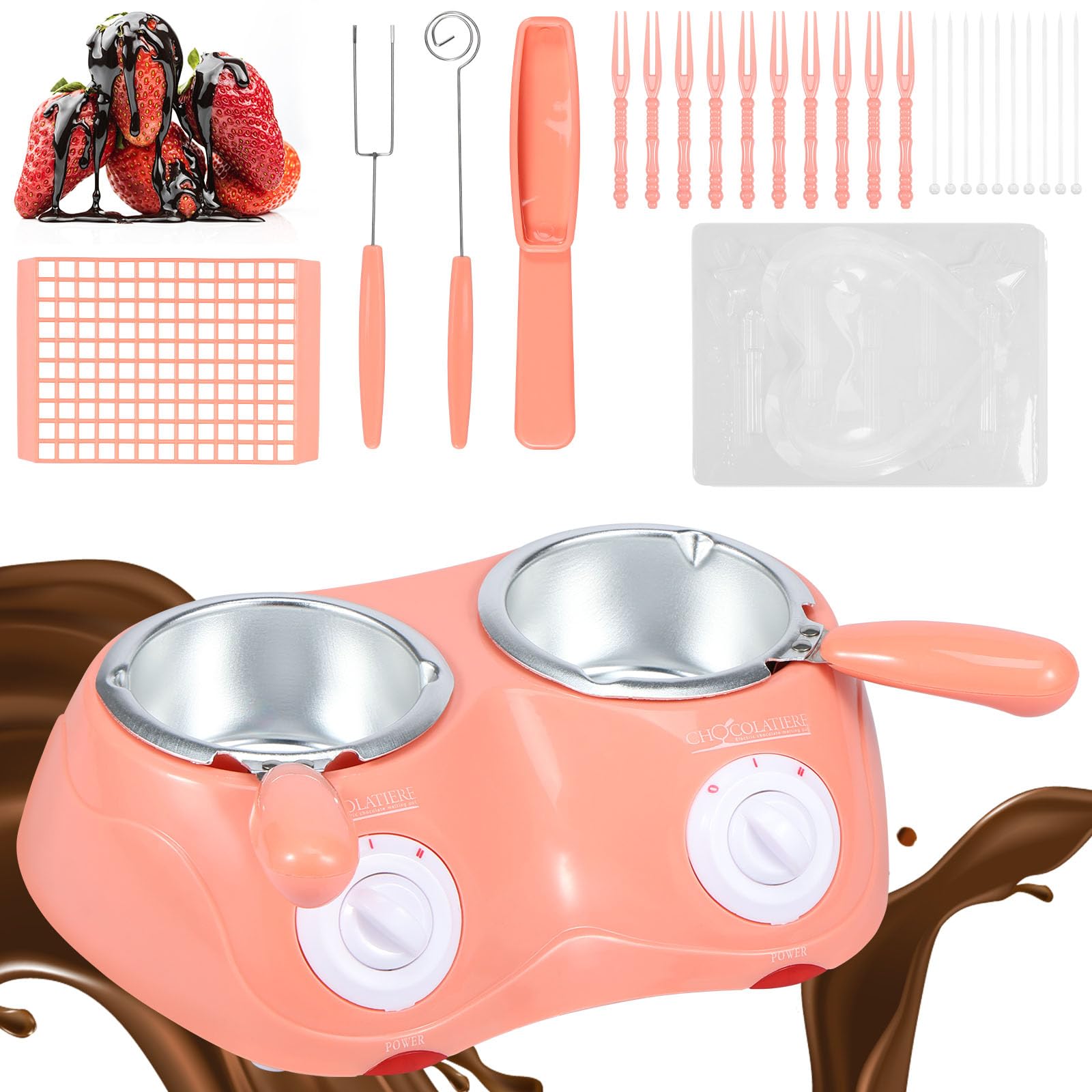 RVEFOT Chocolate Melting Pot Pink Electric Melter with Double Melting Pot Chocolate Warmer Chocolate Fondue Candy Maker Mini Fondue Melting Pot Set for Strawberries Cheese Candy Butter