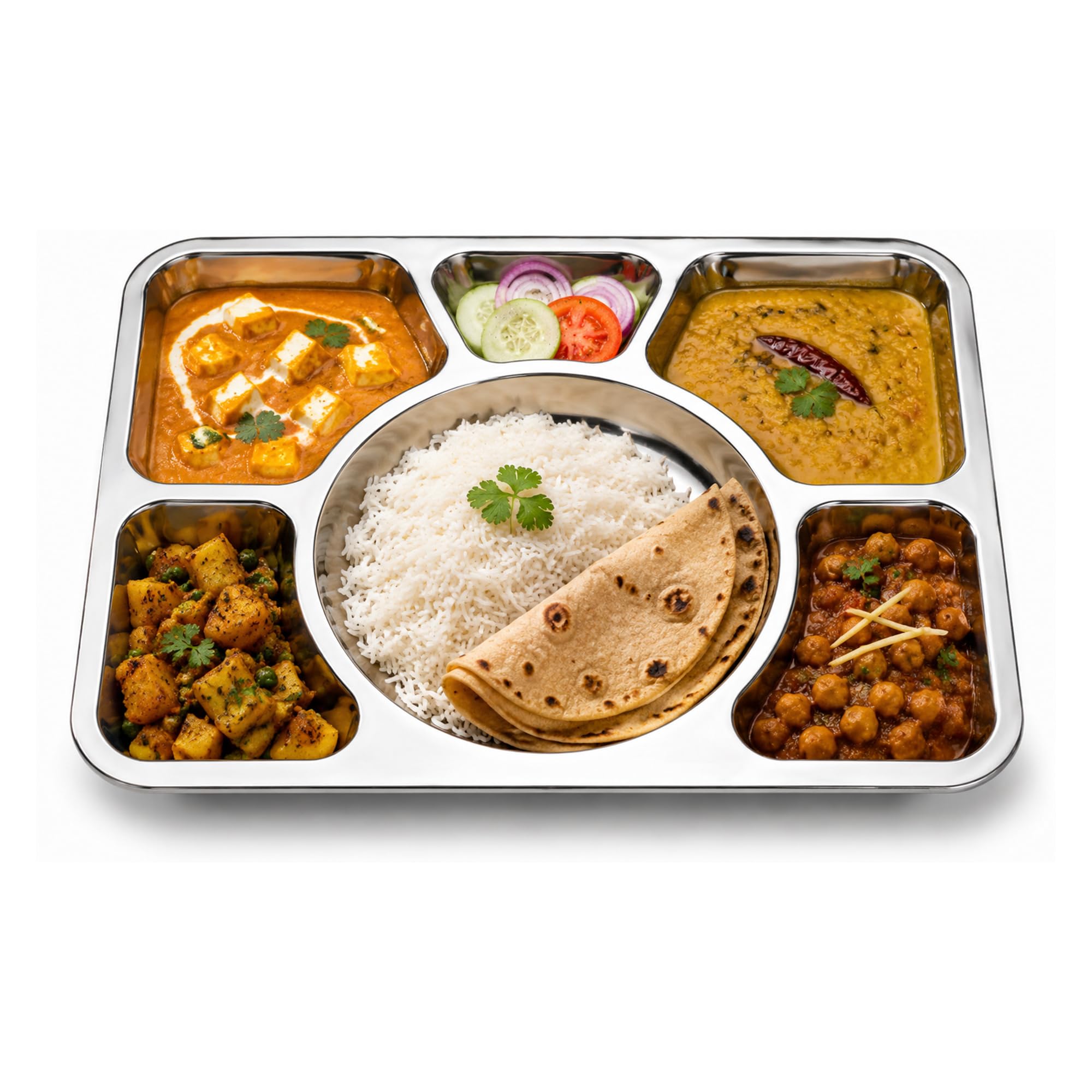 BMLIMITED BML Stainless Steel 6 Compartment Divided Dinner Plate Large Thali Food Serving Tray for Meals Lunch Restaurant School and Home