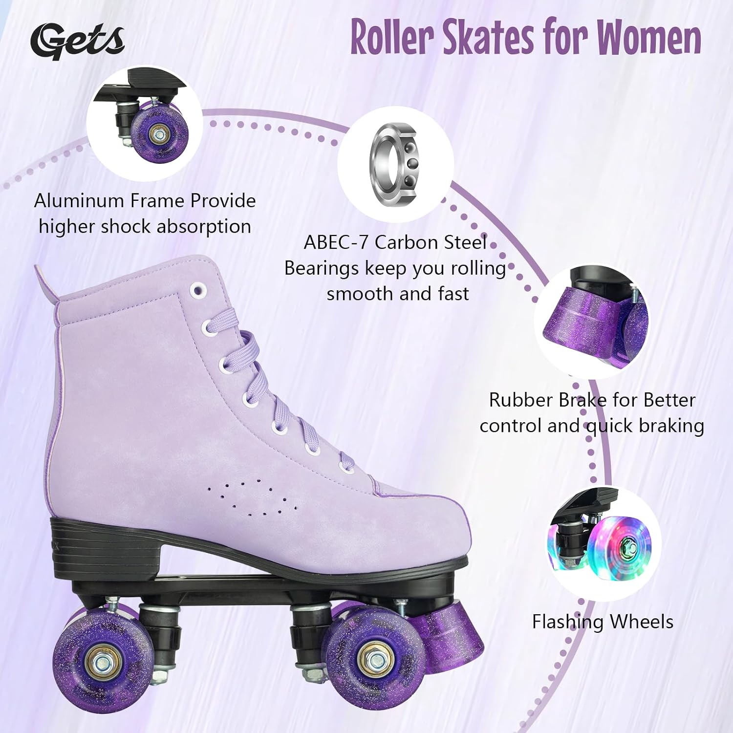 Gets Roller Skates for Women Men 4 Wheels Light Up Indoor Outdoor Roller Skate, High Top PU Leather Beginner Double Row Unisex Roller Skates for Kid Girls