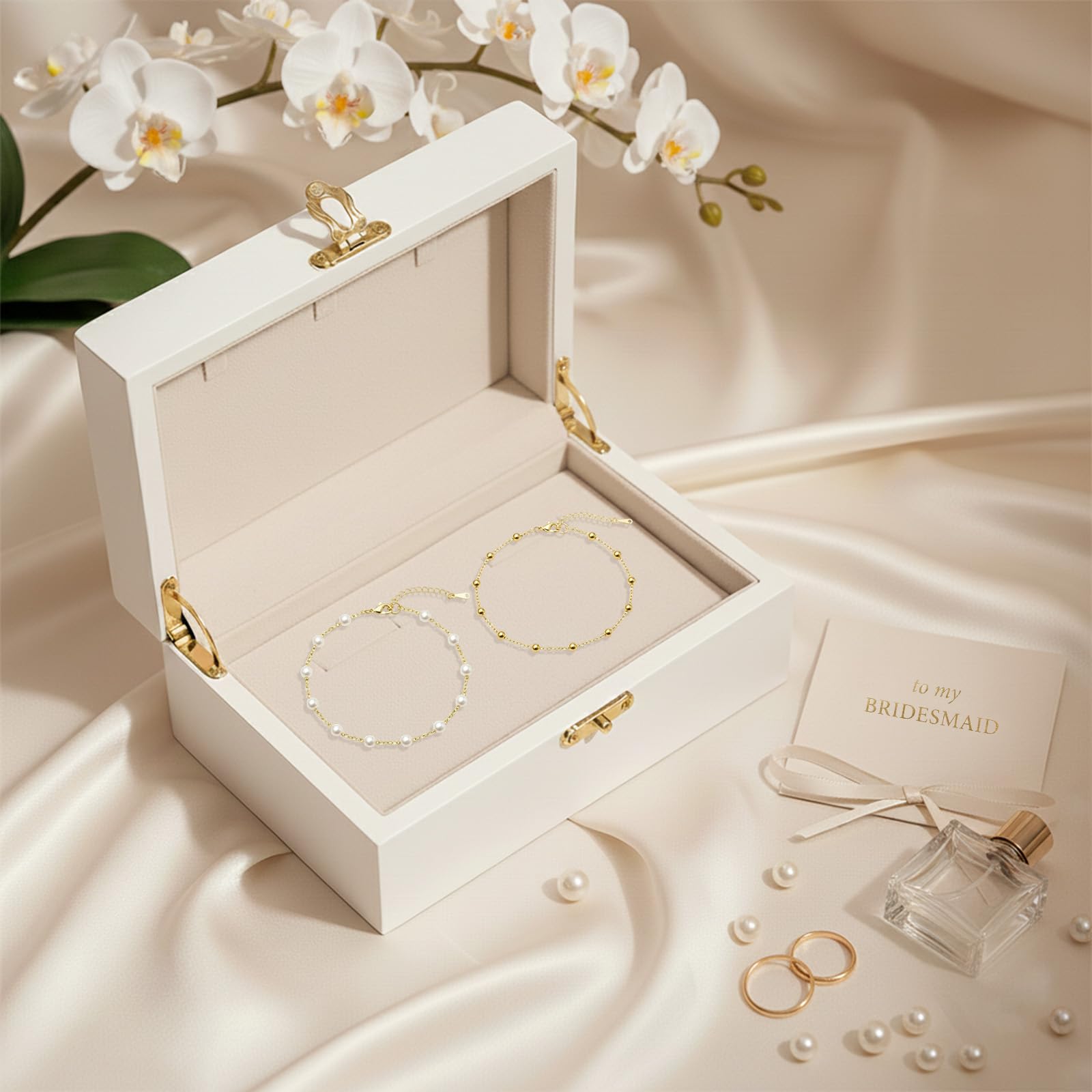 Dreamfox 24PCS 8 Set Bridesmaid Gift Pearl Bracelets for Women 18K Gold Bracelets Bulk Surgical Stainless Steel Bridesmaid Jewelry for Wedding Party Favor