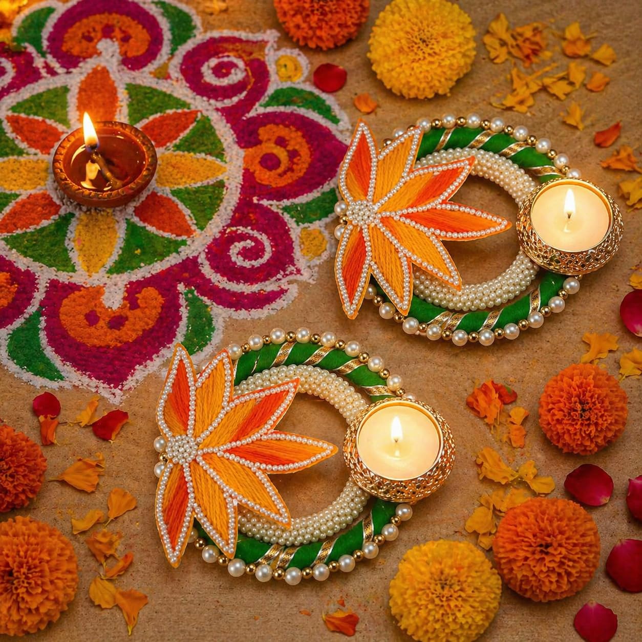Multicolor Pack of 2 Floral Tea Light Candle Holder, Size - 5 * 5 Inch, Decorative Pearl & Flower Design T-Light Holder, Handcrafted Diwali, Home Dcor & Housewarming Decoration-image-0
