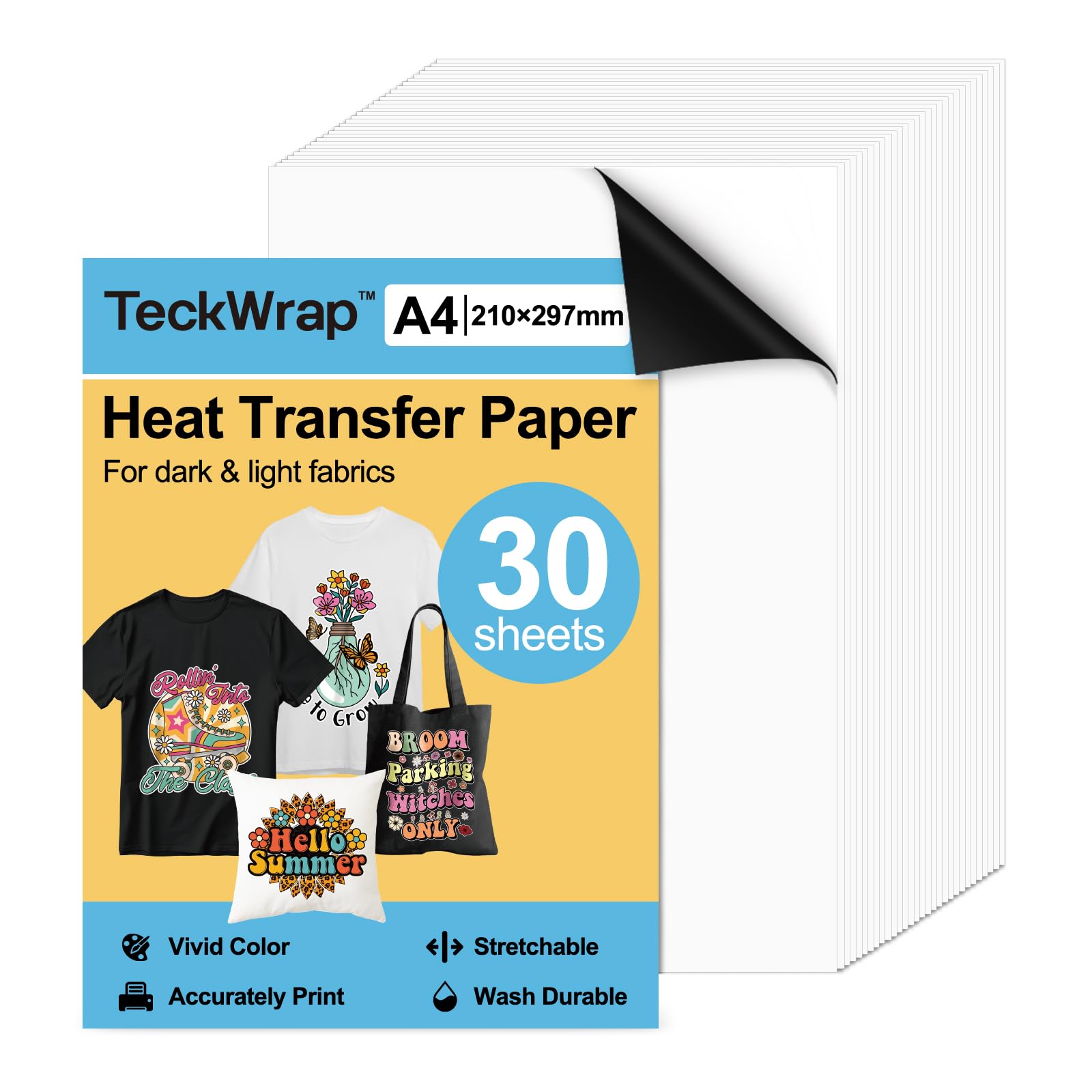 TECKWRAP Bedruckbares Wärmetransferpapier für T-Shirts, 30 Blatt, 21,1 x 29,7 cm, bedruckbares Wärmetransfer-Vinyl für Tintenstrahldrucker, Transferpapier zum Aufbügeln für helle und dunkle Stoffe