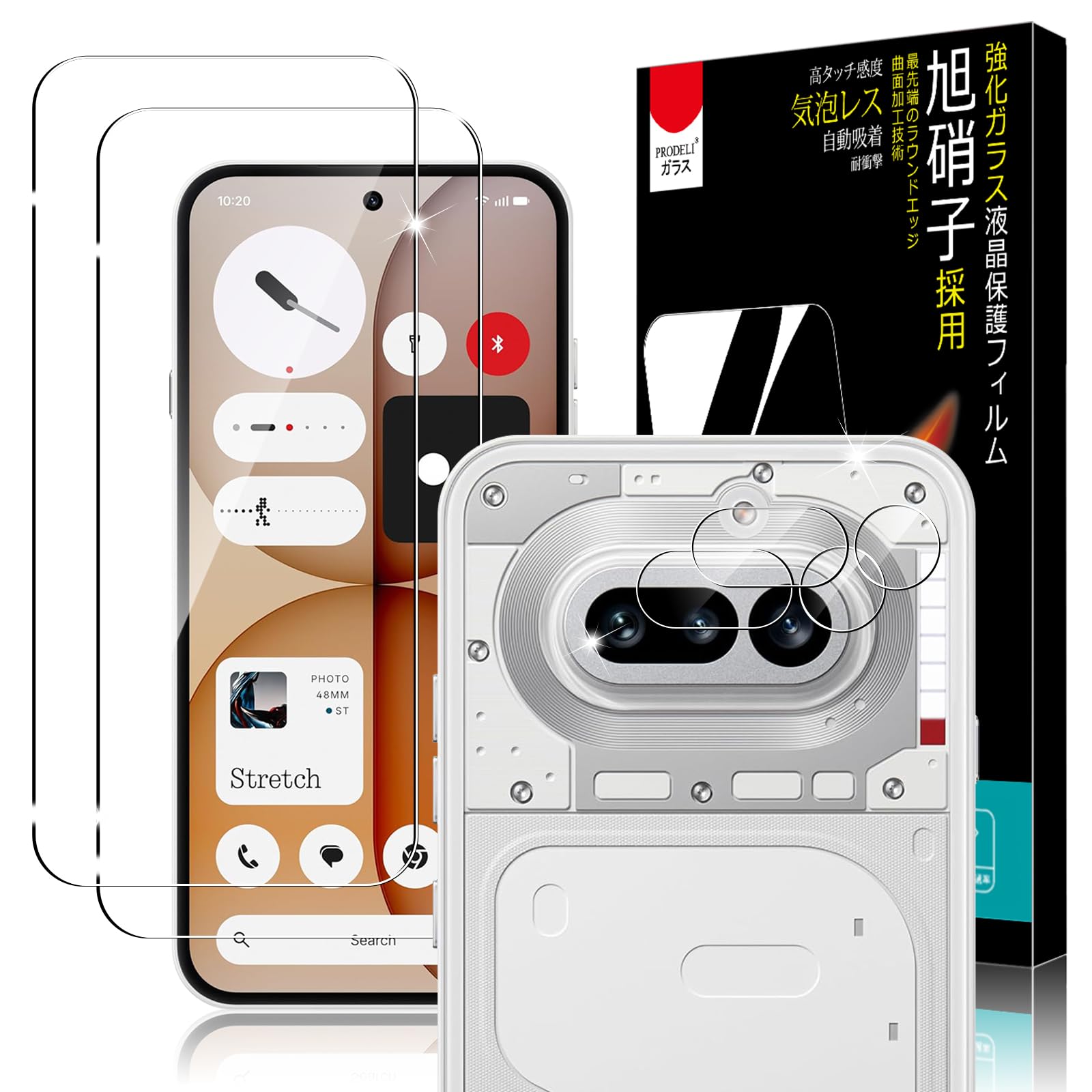 PRODELI For Nothing Phone (4a) 専用 ガラスフィルム (2枚) ＋ カメラフィルム (2枚) 耐衝撃 硬度9H 高透過率 強化ガラス 2.5Dラウンドエッジ 自動吸着 気泡無し ナッシングフォン 4a 用 レンズ 保護フィルム 【4枚セット】